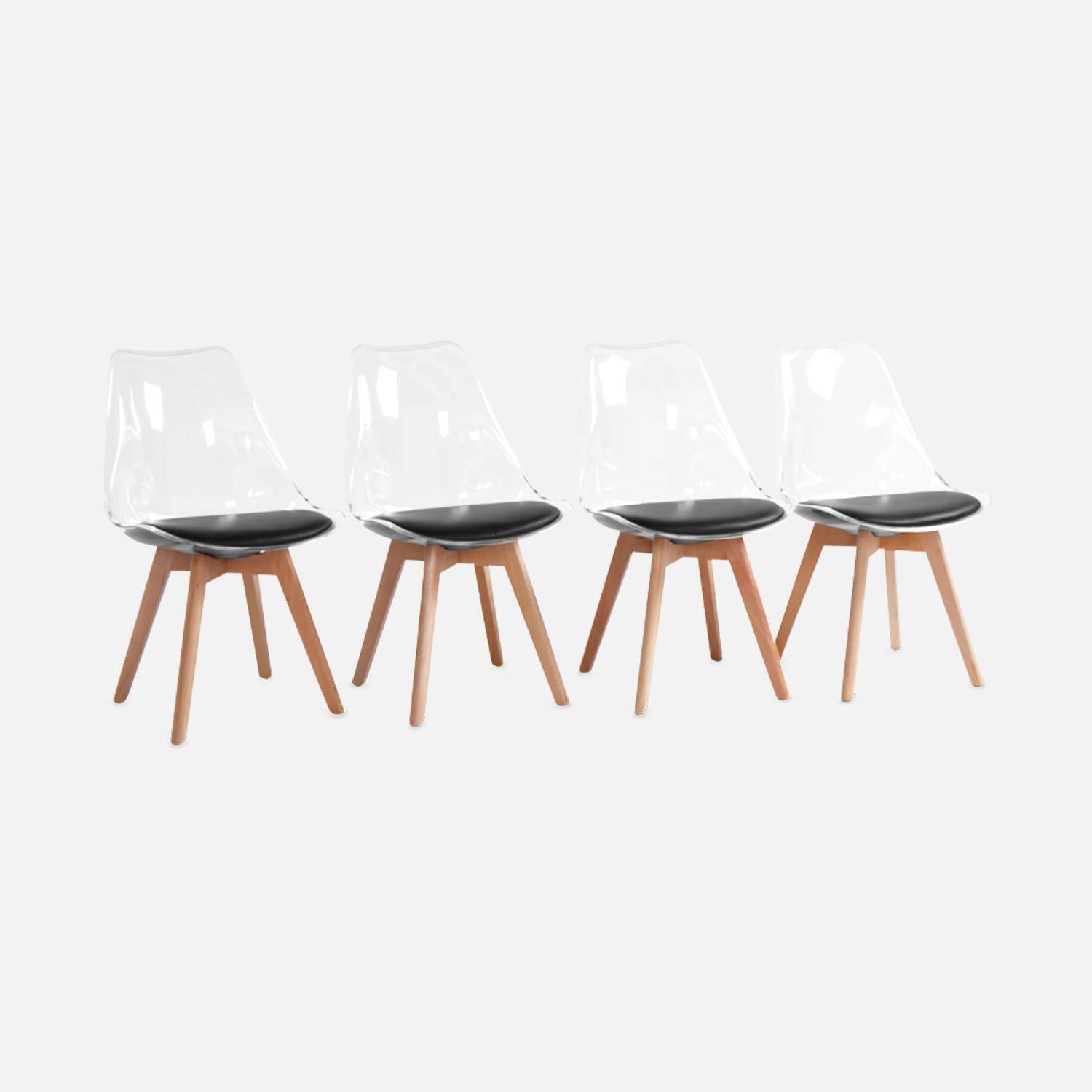 4er Set Stühle im skandinavischen Stil - Lagertha - Holzbeine, Ein Sitz, schwarzes Kissen, transparente Sitzschale Photo3
