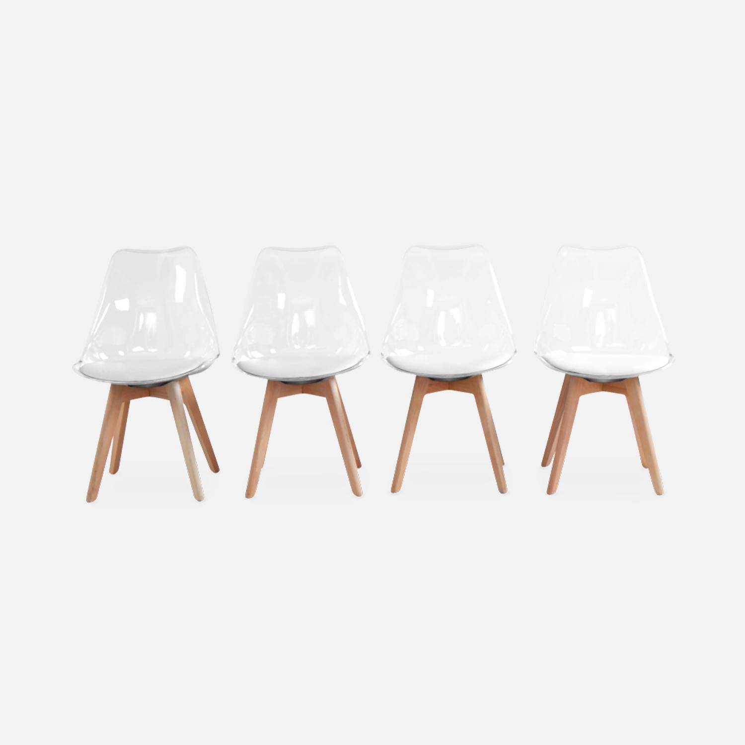 Set of 4 Scandi-style dining chairs with wooden legs, 100% leather cushions and acrylic shell - Lagertha - Clear and White Photo4