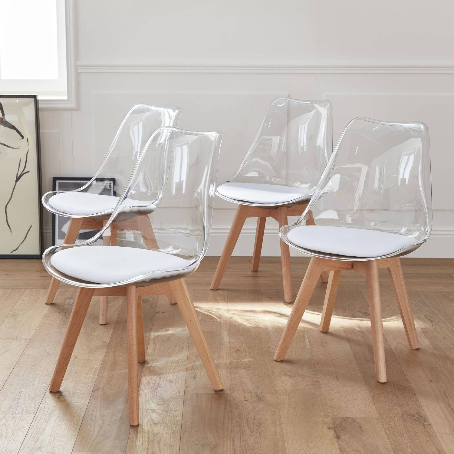 Set of 4 Scandi-style dining chairs with wooden legs, 100% leather cushions and acrylic shell - Lagertha - Clear and White Photo2