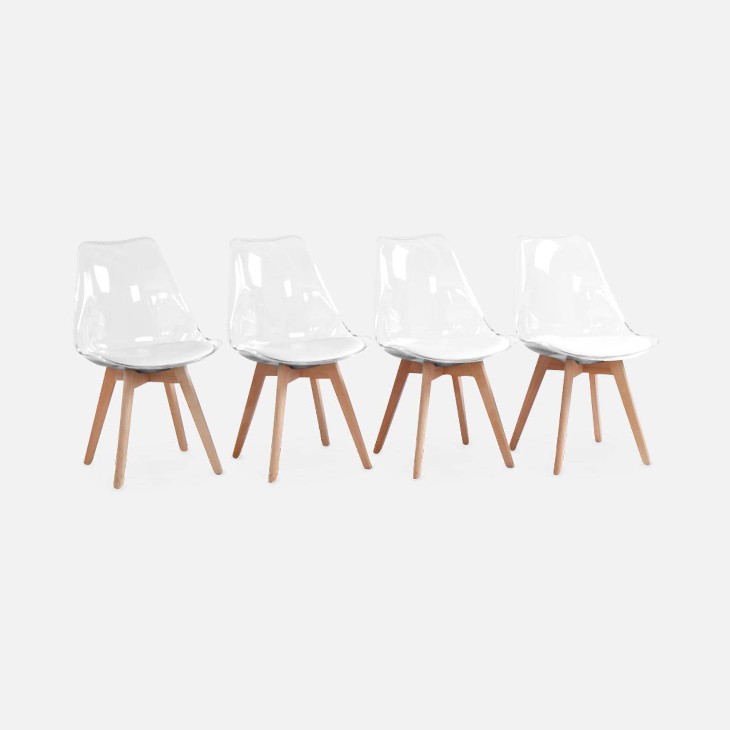 Set of 4 Scandi-style dining chairs with wooden legs, 100% leather cushions and acrylic shell - Lagertha - Clear and White Photo3