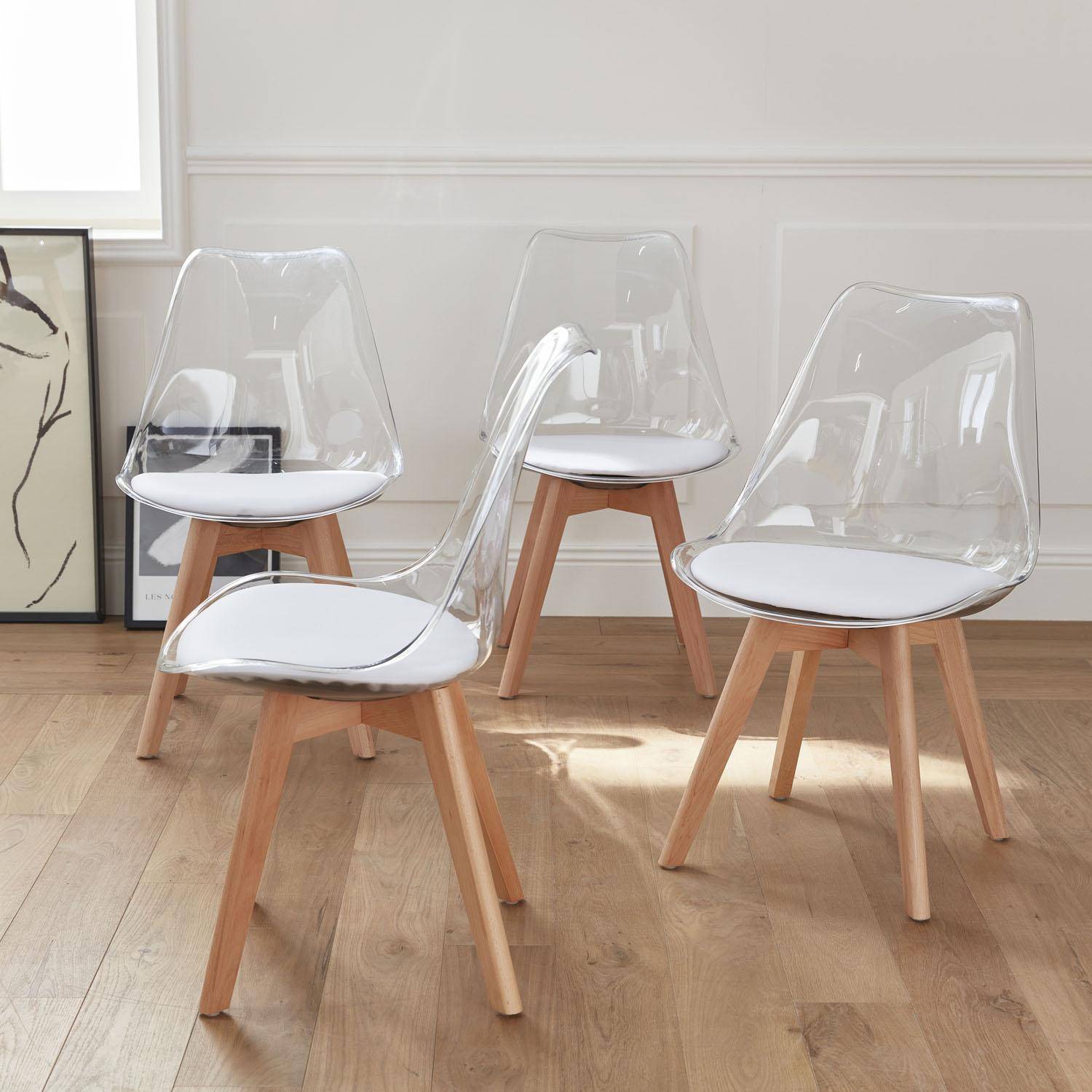 Juego de 4 sillas escandinavas - Lagertha - patas de madera, asientos individuales, cojín blanco, carcasa transparente ,sweeek,Photo1