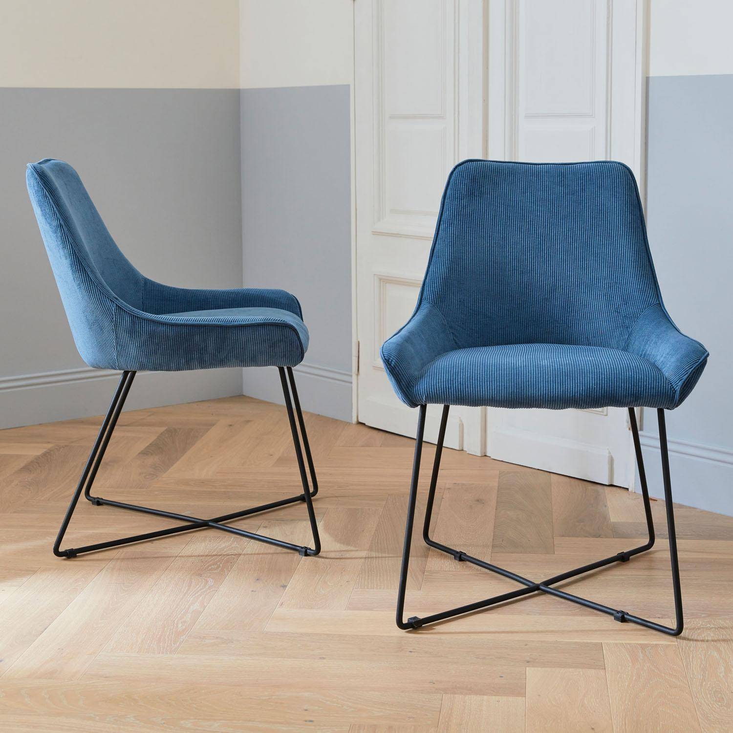 Set van 2 stoelen, blauw ribfluweel, 56.5 x 62 x 82.5cm Photo2