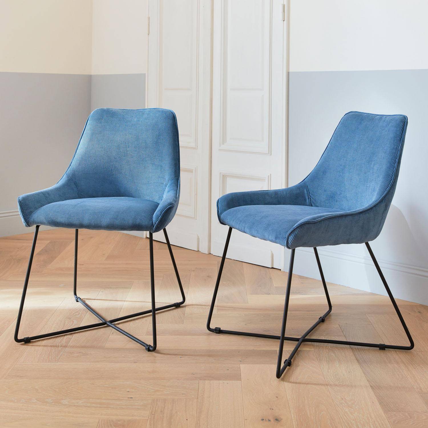 Lot de 2 chaises - Astrid - en velours côtelé bleu, 56,5 x 62 x 82,5cm,sweeek,Photo1