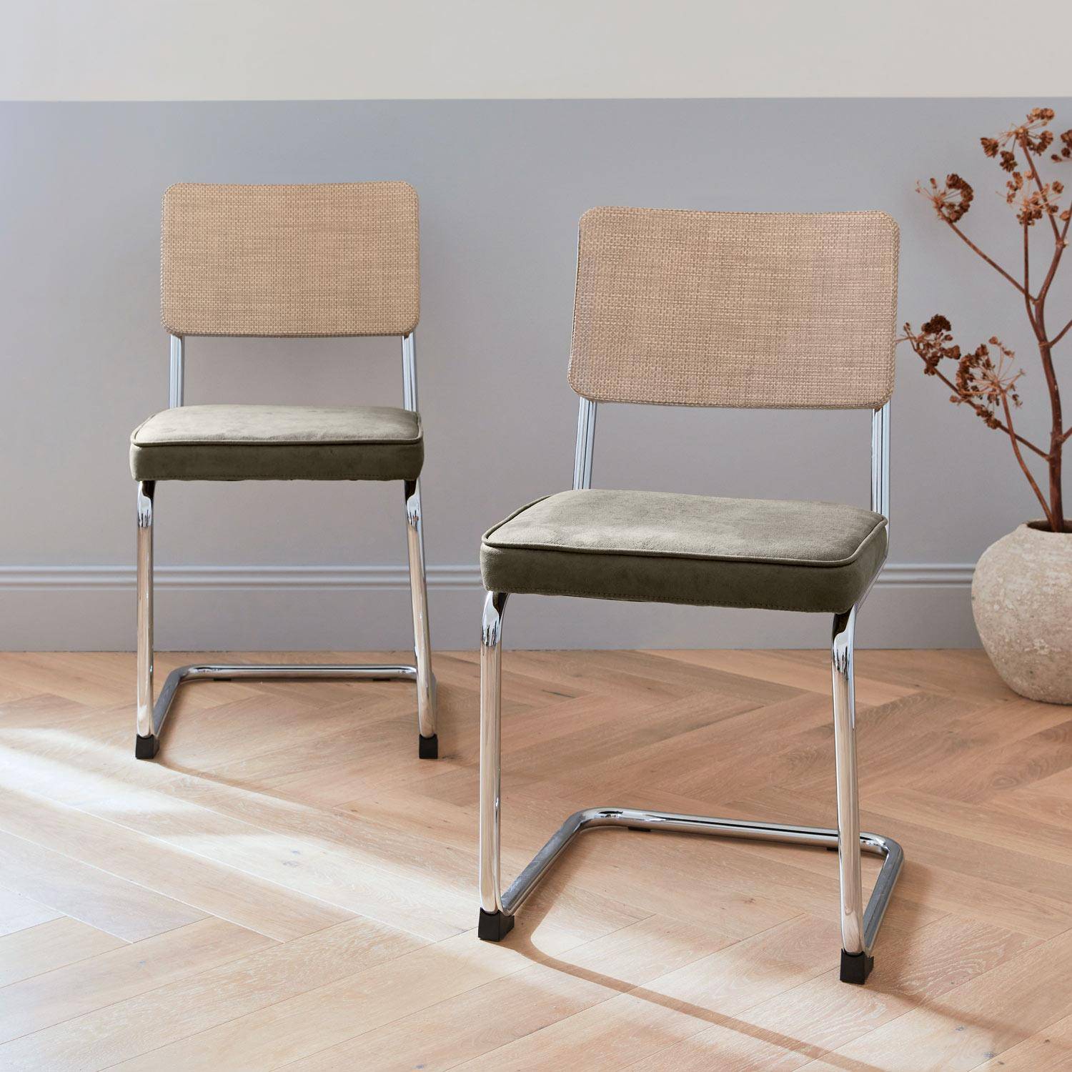 Chaise cantilever acier effet rotin et tissu (lot de 2)