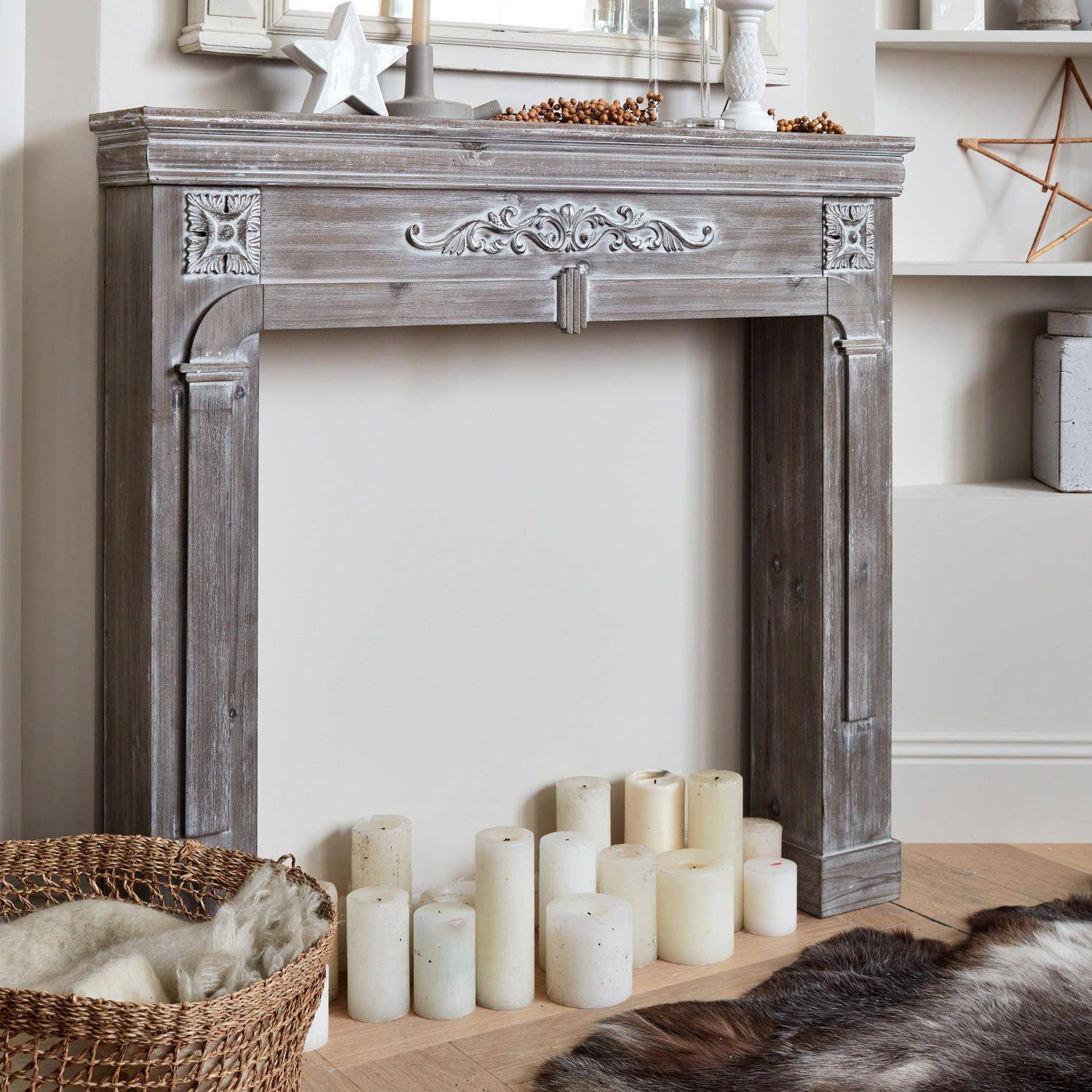 Decorative fireplace surround, MDF with firwood veneer, 104x17x100cm - Romance - Vintage Grey Photo1