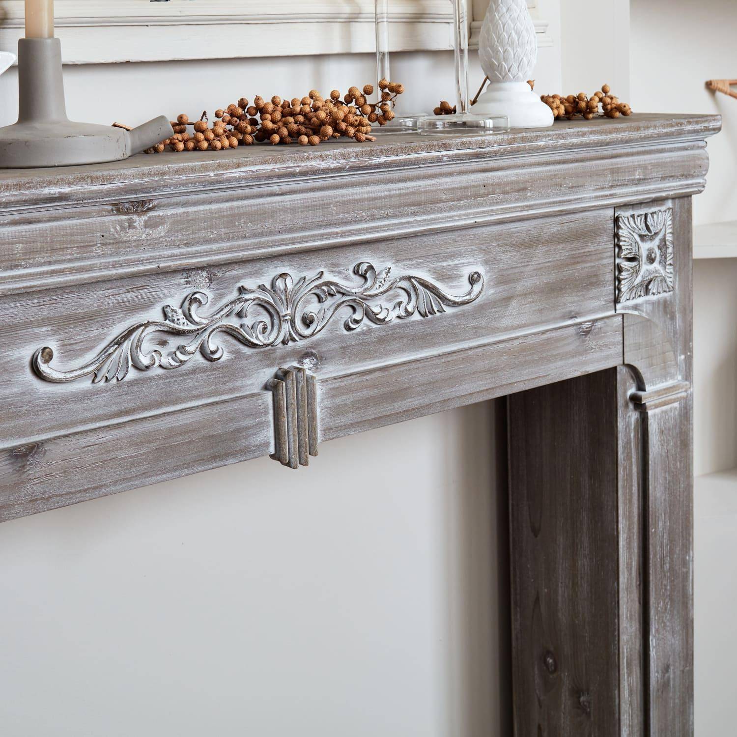 Decorative fireplace surround, MDF with firwood veneer, 104x17x100cm - Romance - Vintage Grey,sweeek,Photo2