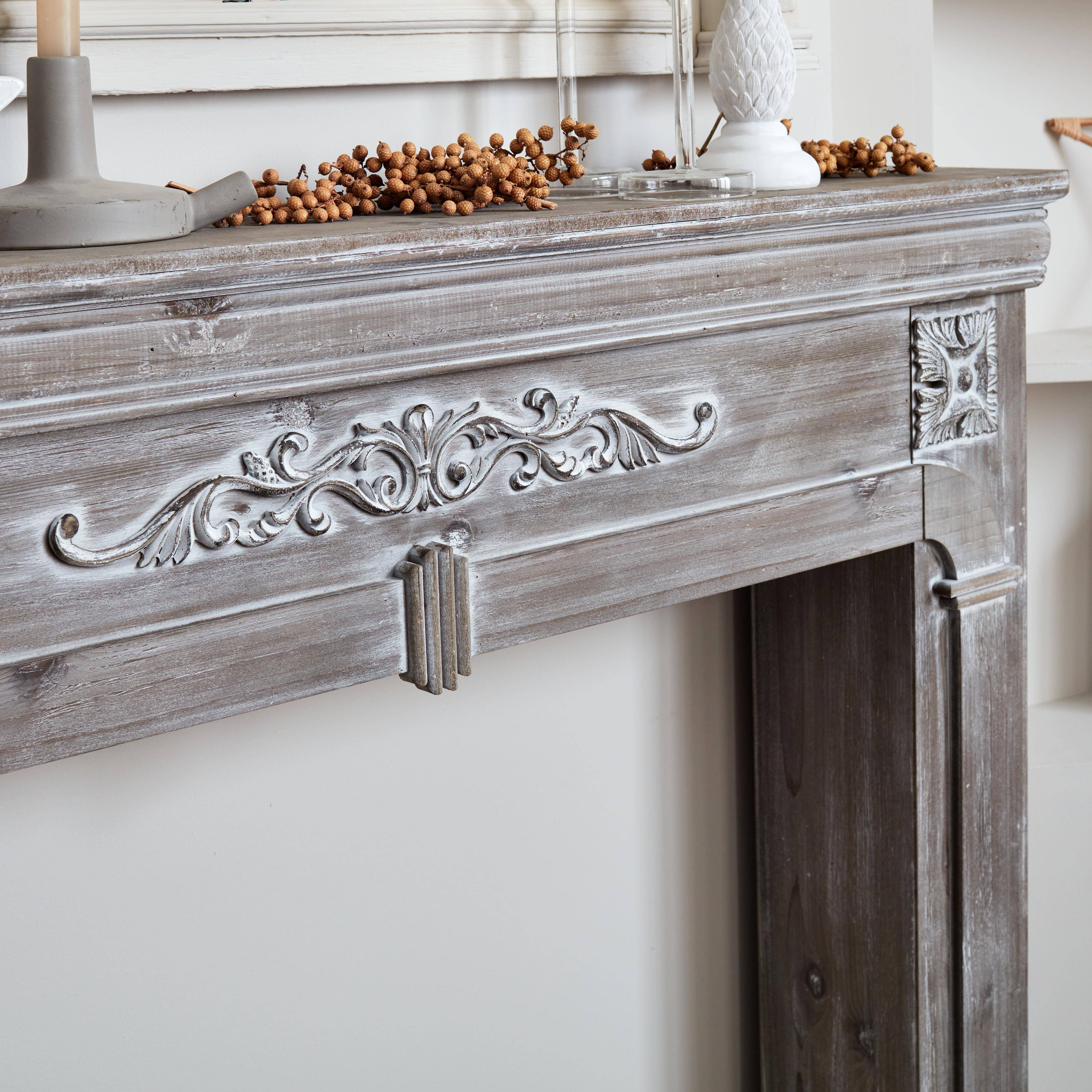 Cornice per caminetto effetto legno, Romance, Grigio sbiancato, 104x17x100 cm Photo2