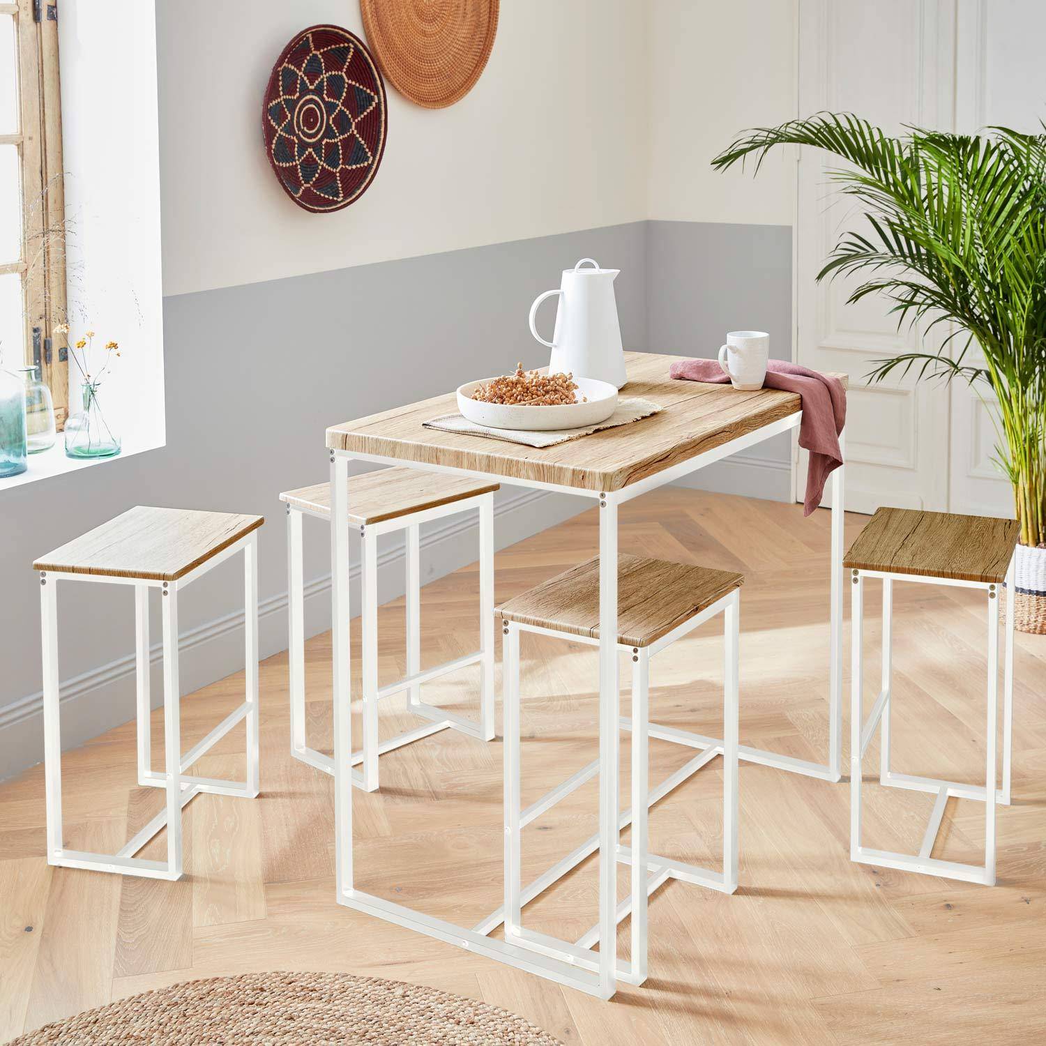 Industrial bar style table set with 4 stools, dining set 100x60x90cm - Loft - White,sweeek,Photo1