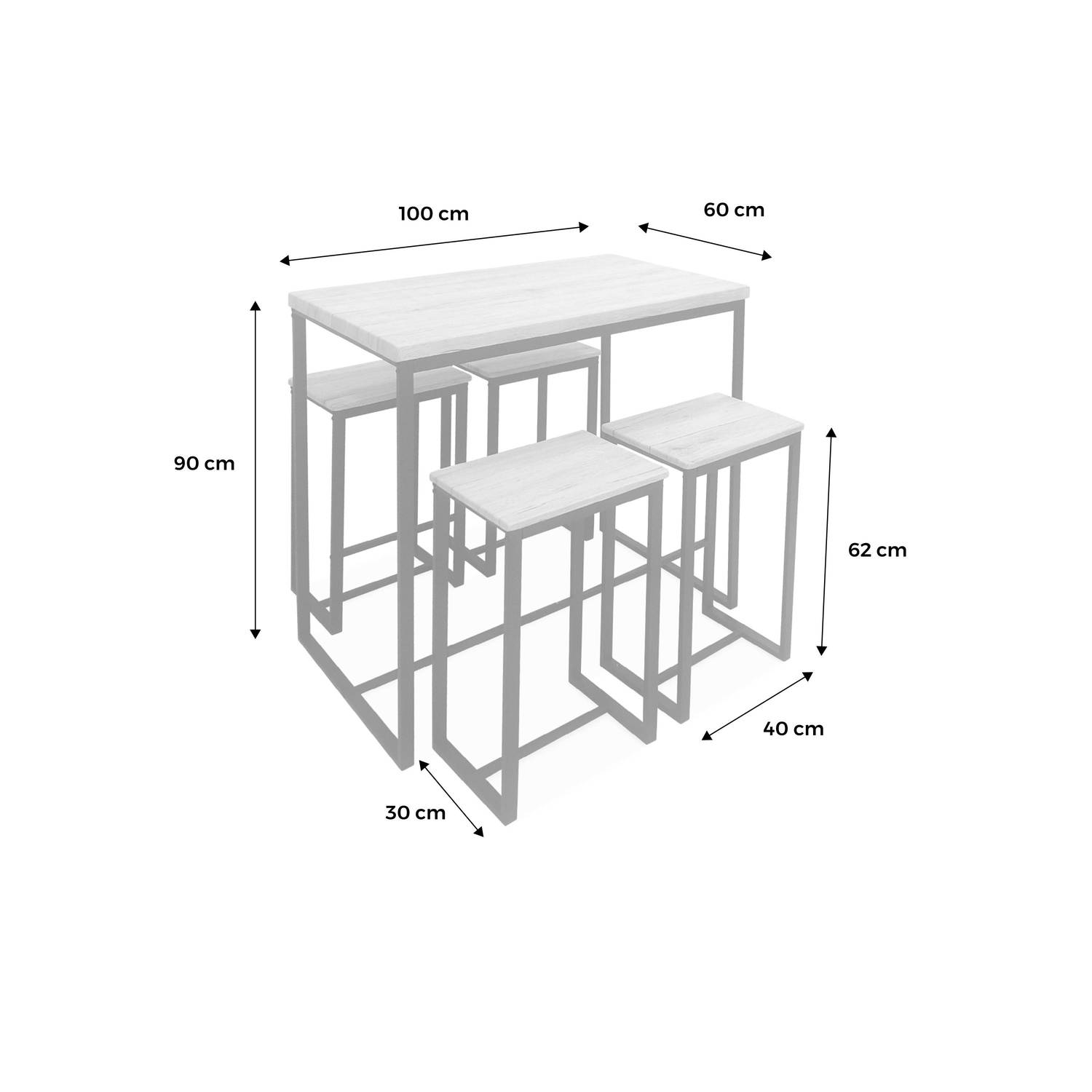 Set table haute rectangulaire LOFT avec 4 tabourets de bar, acier et décor bois, encastrable, design Photo6