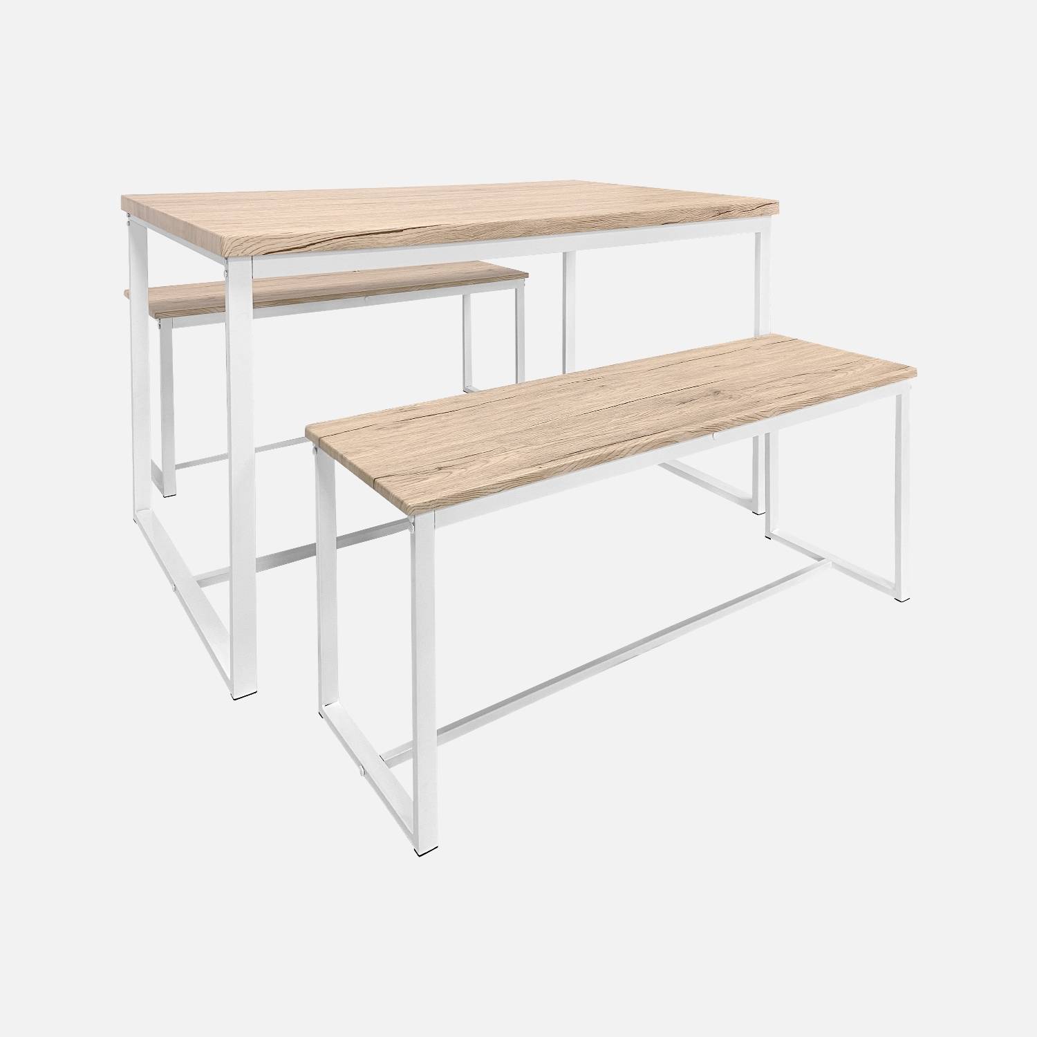 Esszimmer-Set LOFT Weiss rechteckiger Stahltisch L140 x B80 x H75 cm mit 2 Bänken L120 x B35x H46 cm, 4 Sitzplätze | sweeek