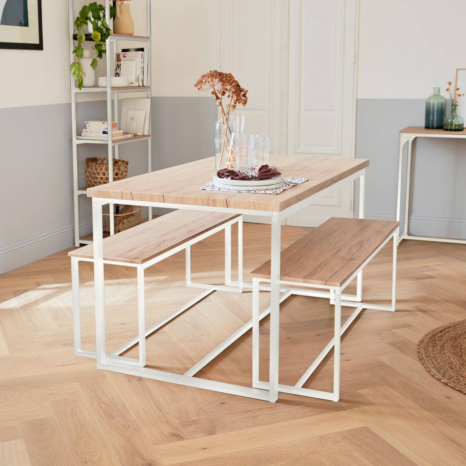Set LOFT table rectangulaire en acier blanc mat L140x l80 x H75cm, 2 bancs de L120x l35x H46cm, 4 places Photo1