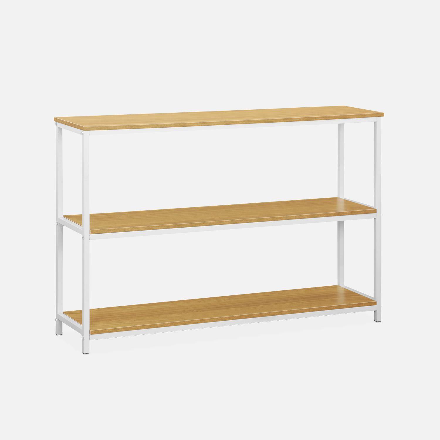 Low 3 shelf metal and wood effect bookcase, 120x30x80cm  - Loft - White Photo2