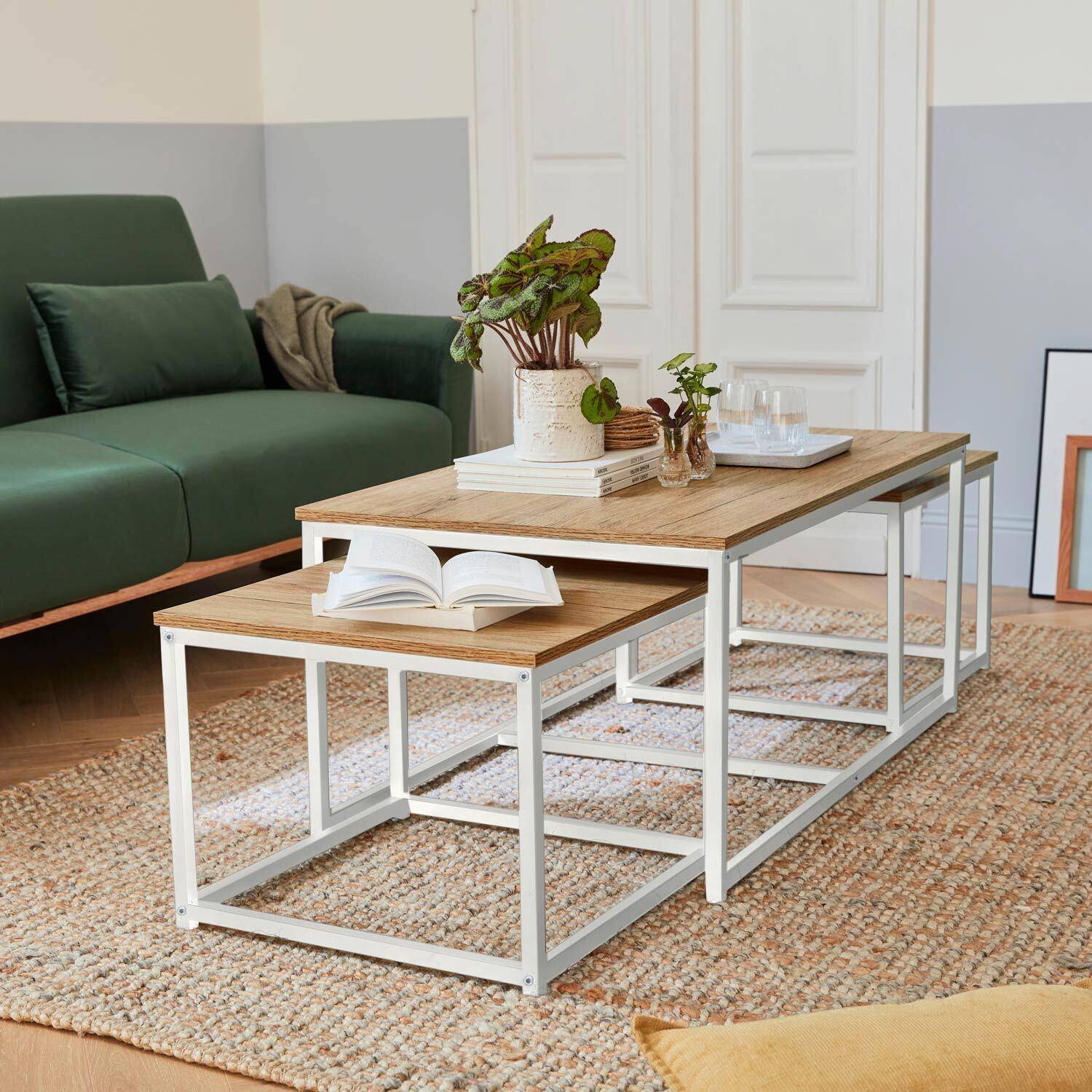 Set van 3 salontafels van mat wit metaal en houtlook, inschuifbaar, 1x100x60x45cm / 2x50x50x38cm,sweeek,Photo1