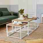 Set van 3 salontafels van mat wit metaal en houtlook, inschuifbaar, 1x100x60x45cm / 2x50x50x38cm Photo1