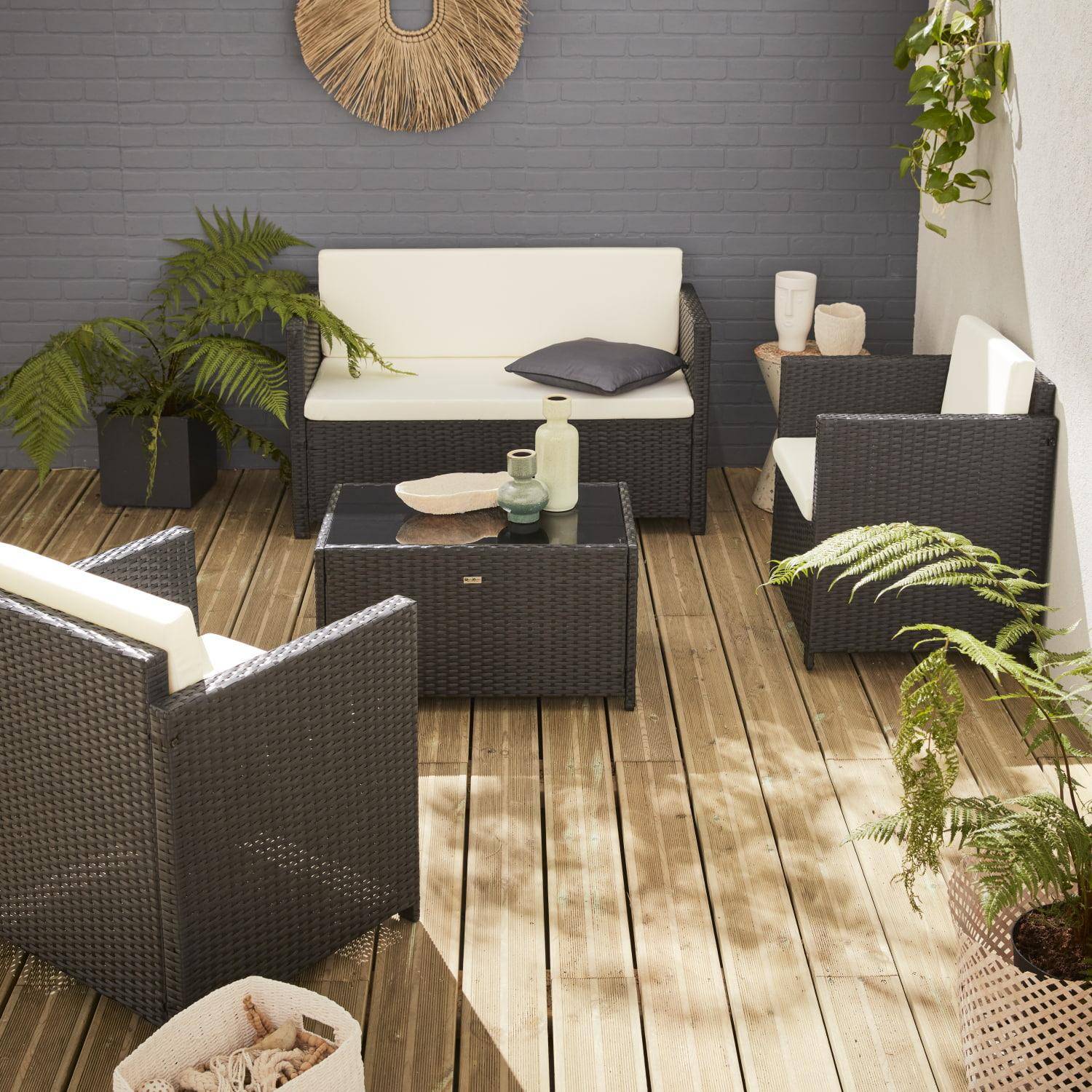 Muebles de jardín, conjunto sofá de exterior, Negro crudo, 4 plazas, rattan sintético, resina trenzada - Perugia,sweeek,Photo1