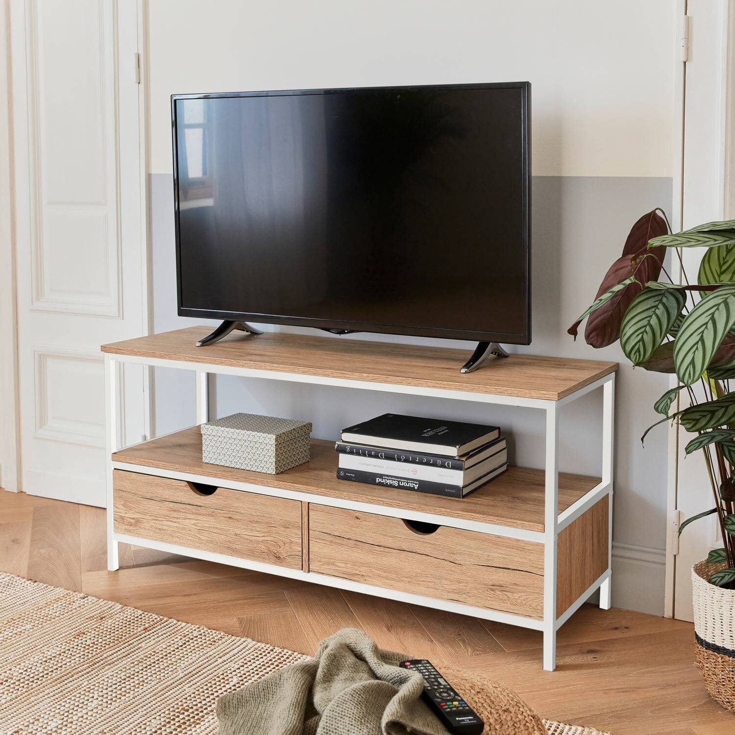 Meuble TV en décor bois et métal blanc mat   | sweeek