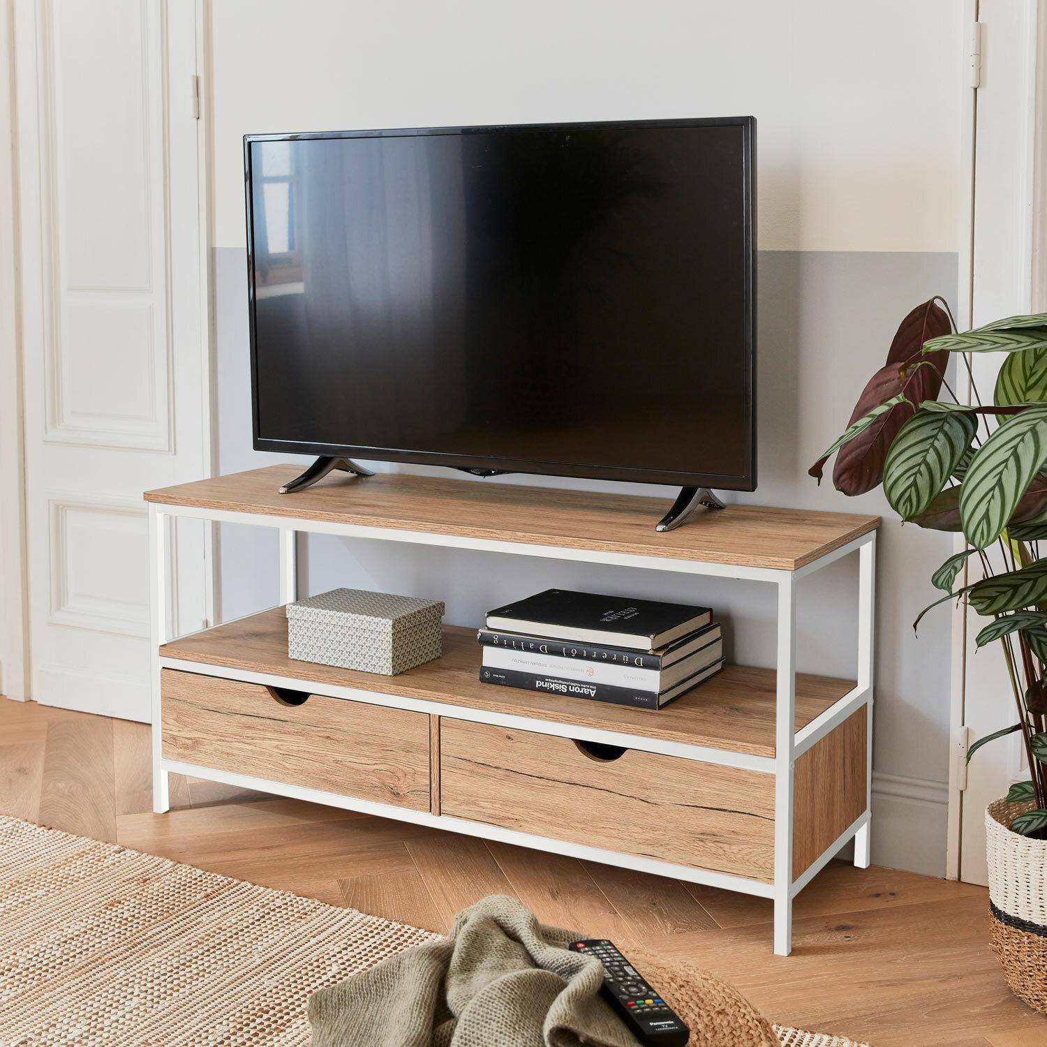 Móvel TV em madeira e metal branco mate 120x39x57cm - Loft - com 2 gavetas,sweeek,Photo1