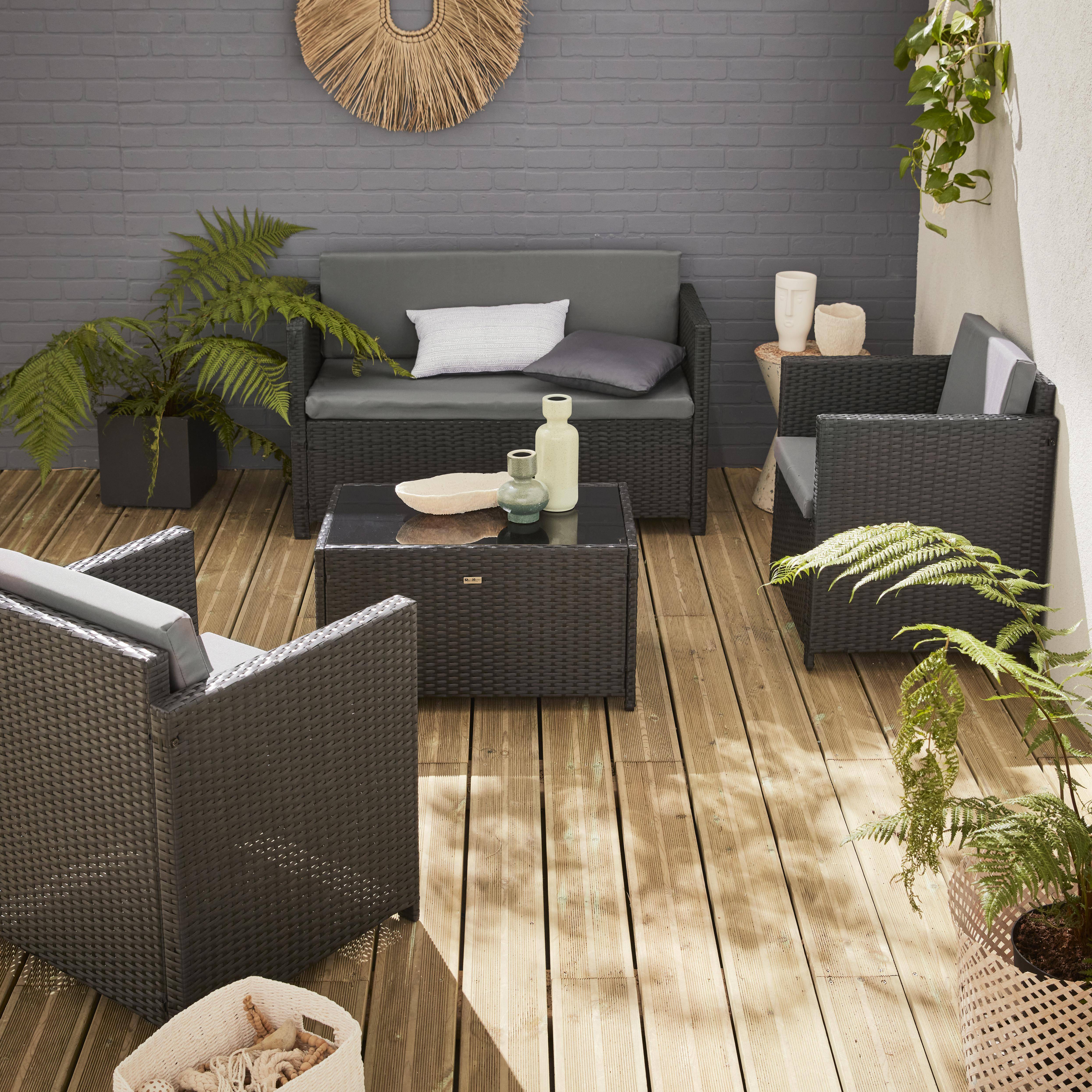 Muebles de jardín, conjunto sofá de exterior, negro gris, 4 plazas, rattan sintético, resina trenzada - Perugia,sweeek,Photo1