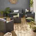 Gartengarnitur aus Kunststoffrattan - Perugia - Schwarz, graue Kissen - 4 Plätze - 1 Sofa, 2 Sessel, ein Couchtisch Photo1