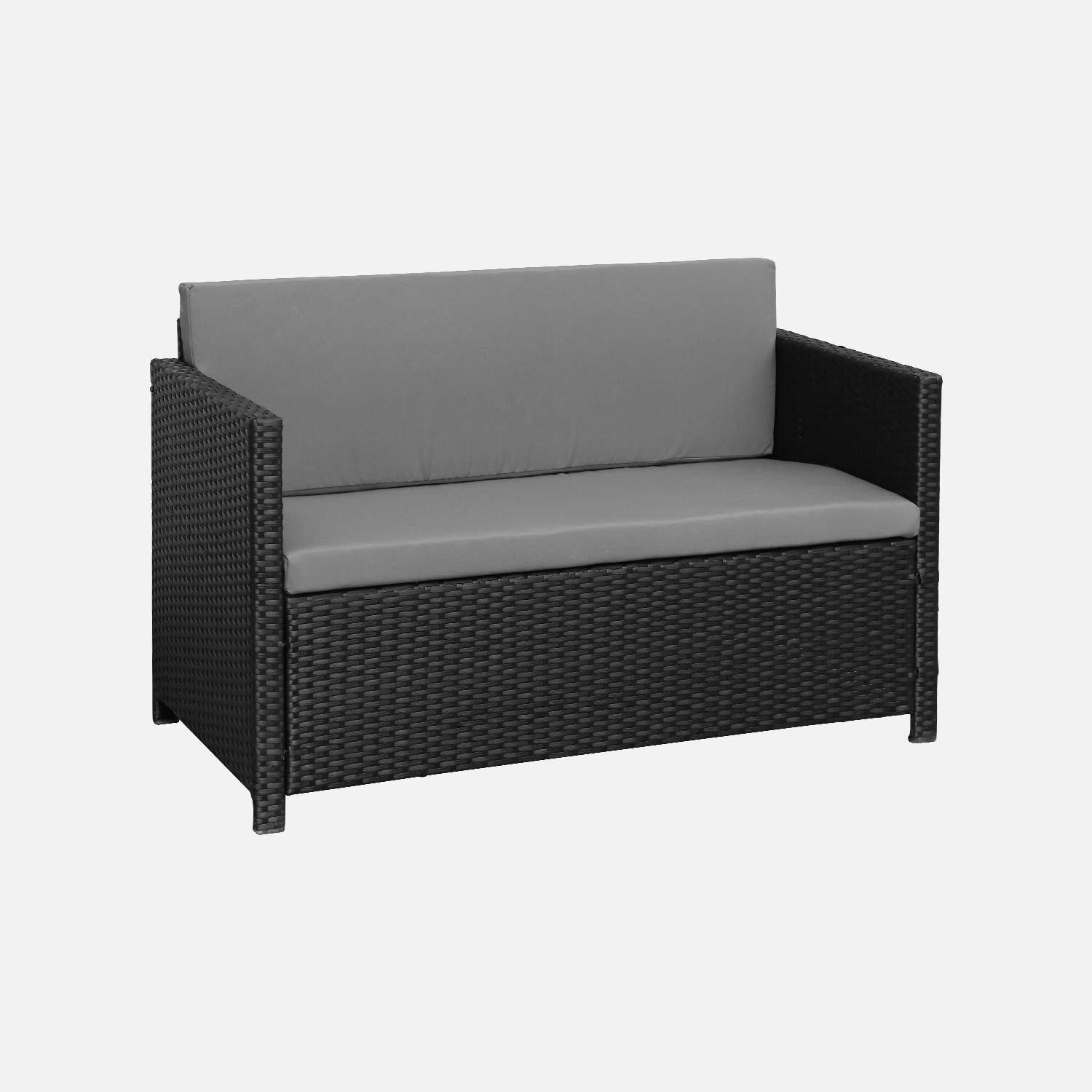 Wicker loungeset - 4 plaatsen - 1 bank, 2 fauteuils, een lage tafel, zwart/grijs Photo3