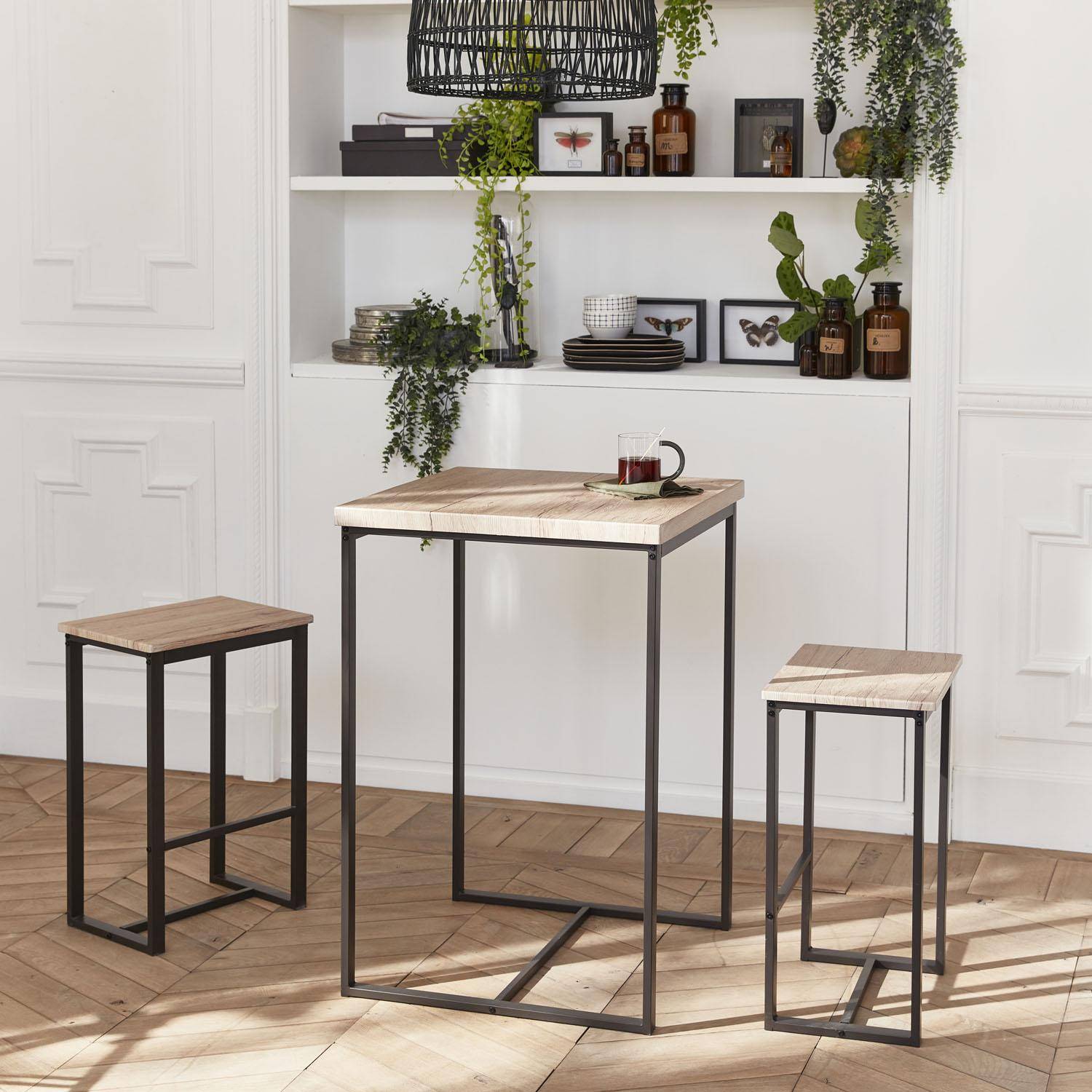 Set table haute carré - Loft - avec 2 tabourets de bar, acier et décor bois, encastrable, design Photo1