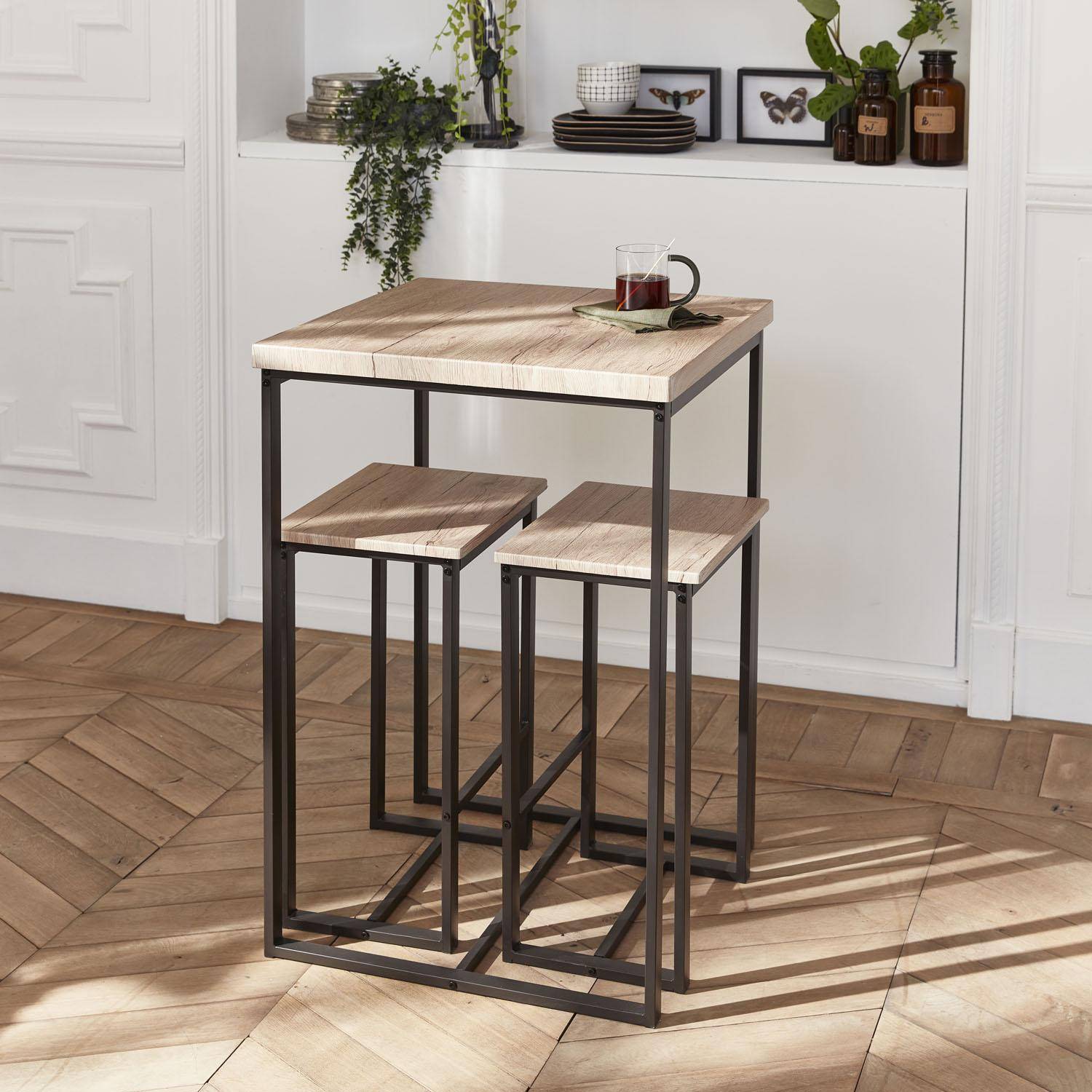Industrial bar style table set with 2 stools, 60x60x88cm - Loft - Black Photo2