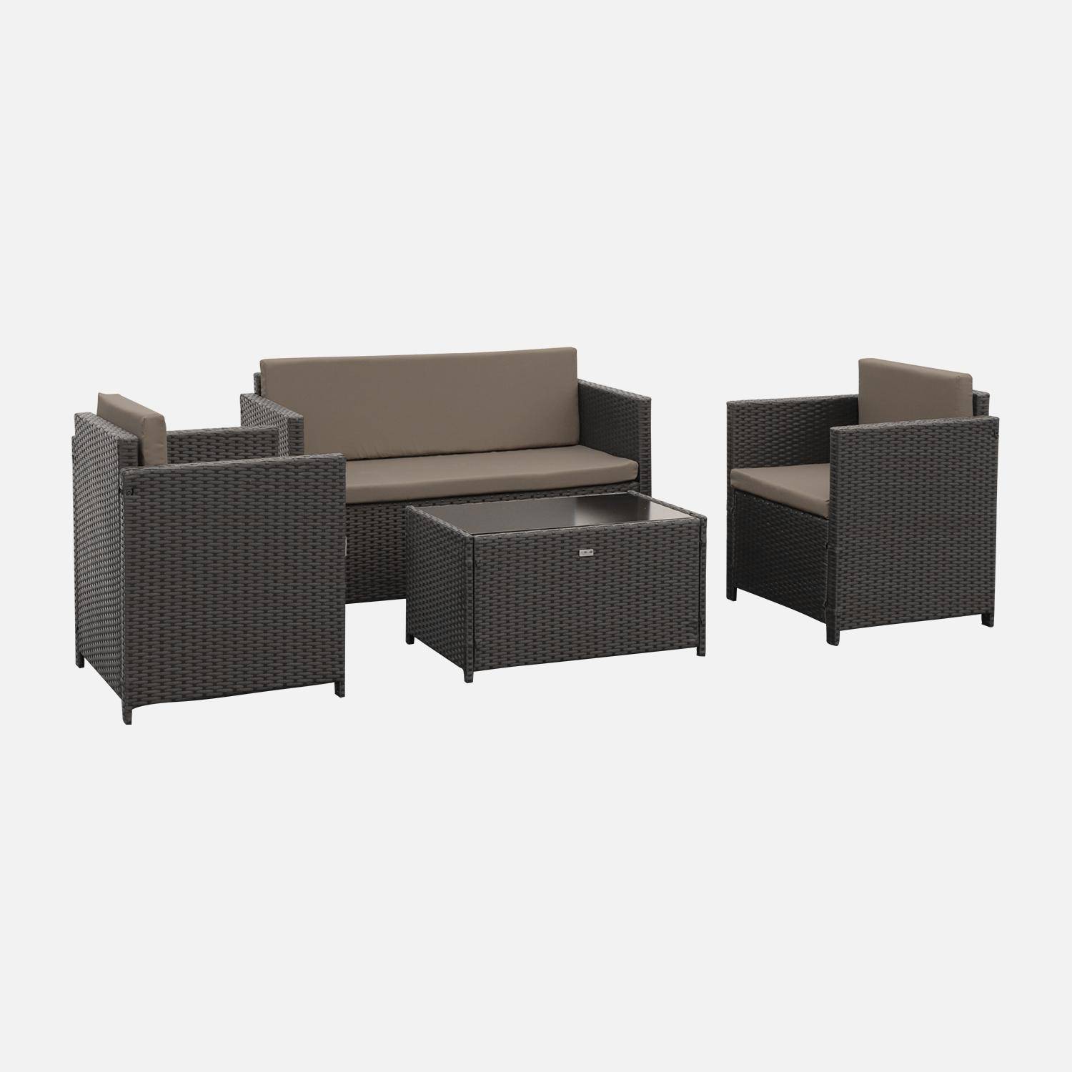 4-seater polyrattan garden sofa set - sofa, 2 armchairs, coffee table - Perugia - Brown rattan, Chocolate cushions Photo2