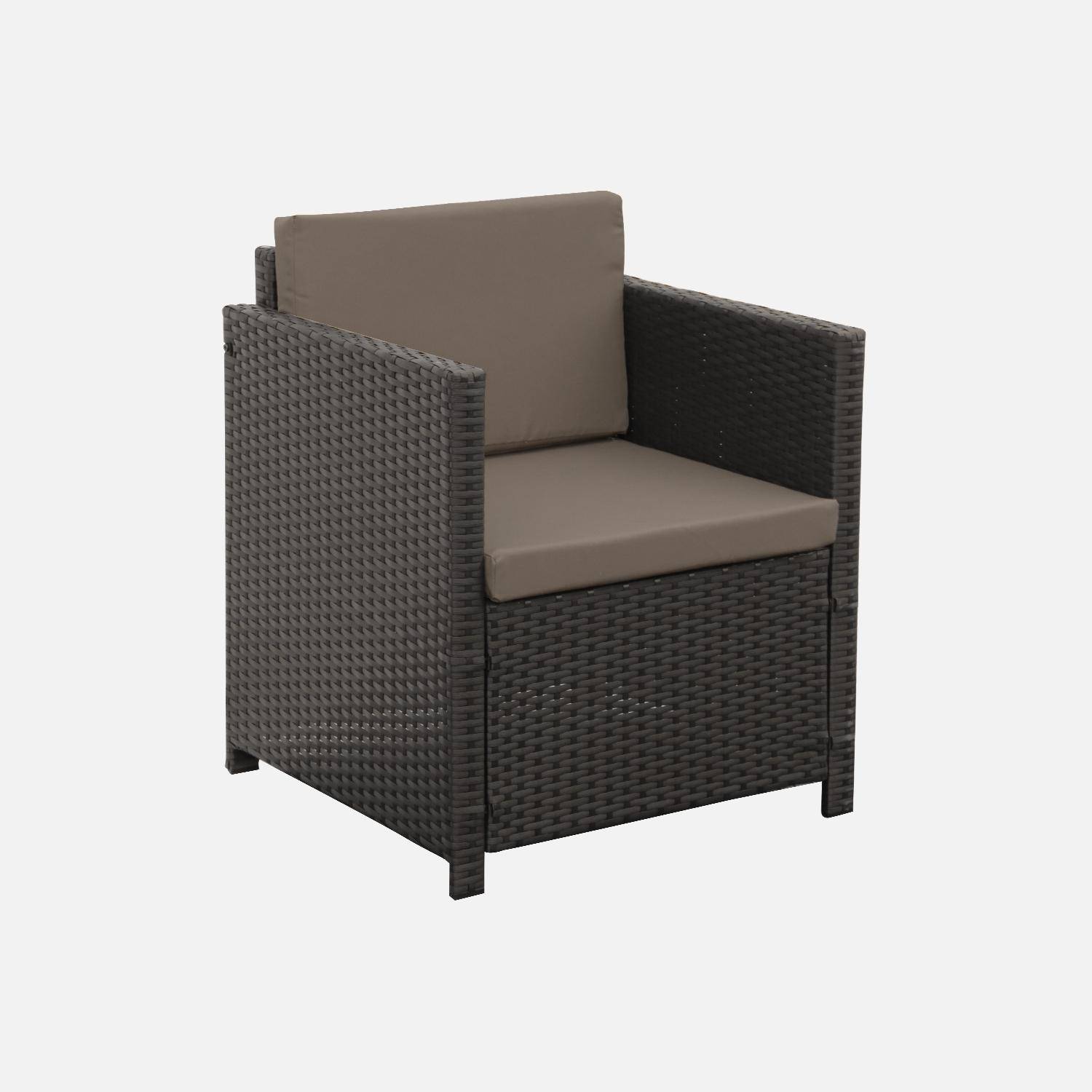 4-seater polyrattan garden sofa set - sofa, 2 armchairs, coffee table - Perugia - Brown rattan, Chocolate cushions Photo4