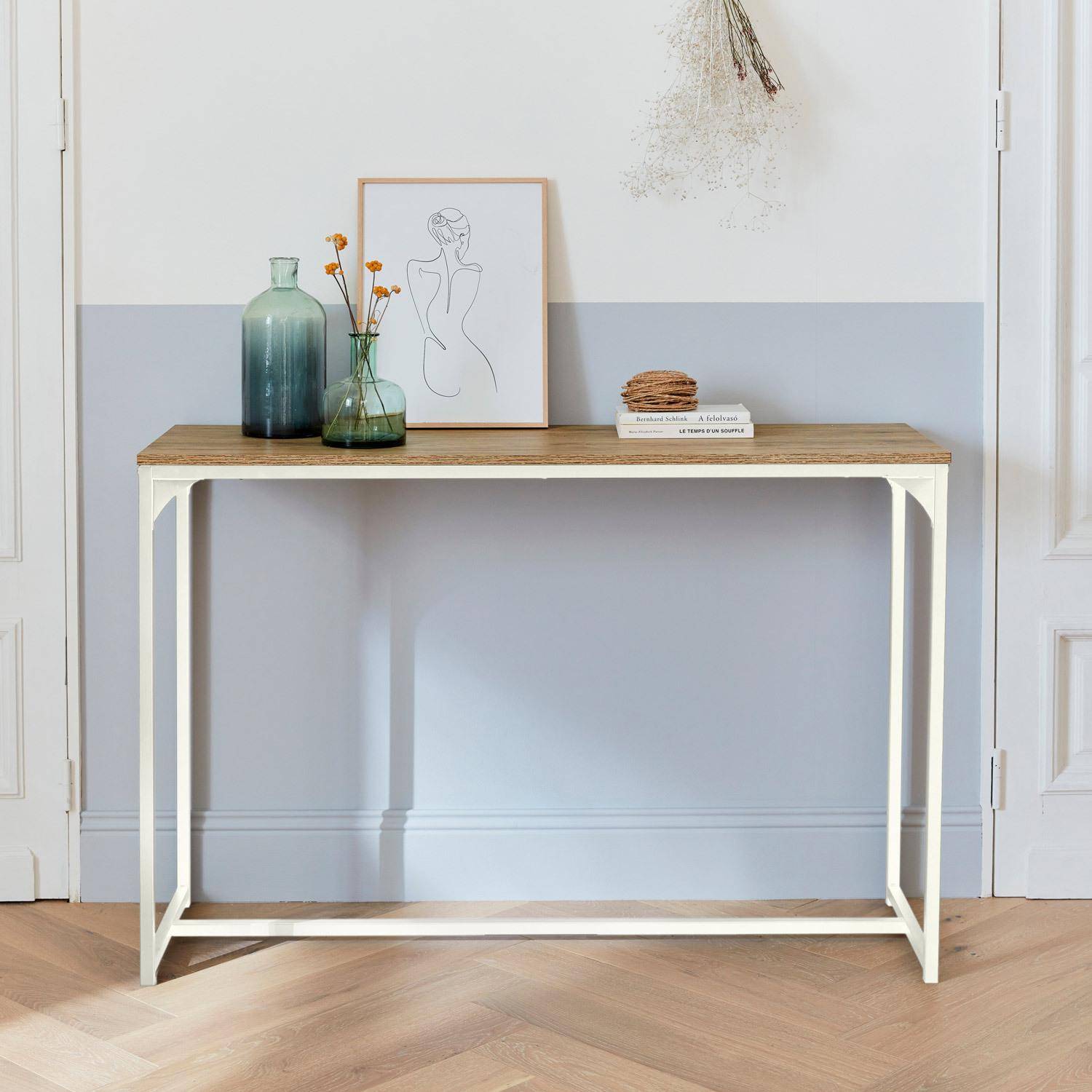 Metal and wood-style hallway console table with industrial metal legs 120cm - Loft - White,sweeek,Photo1