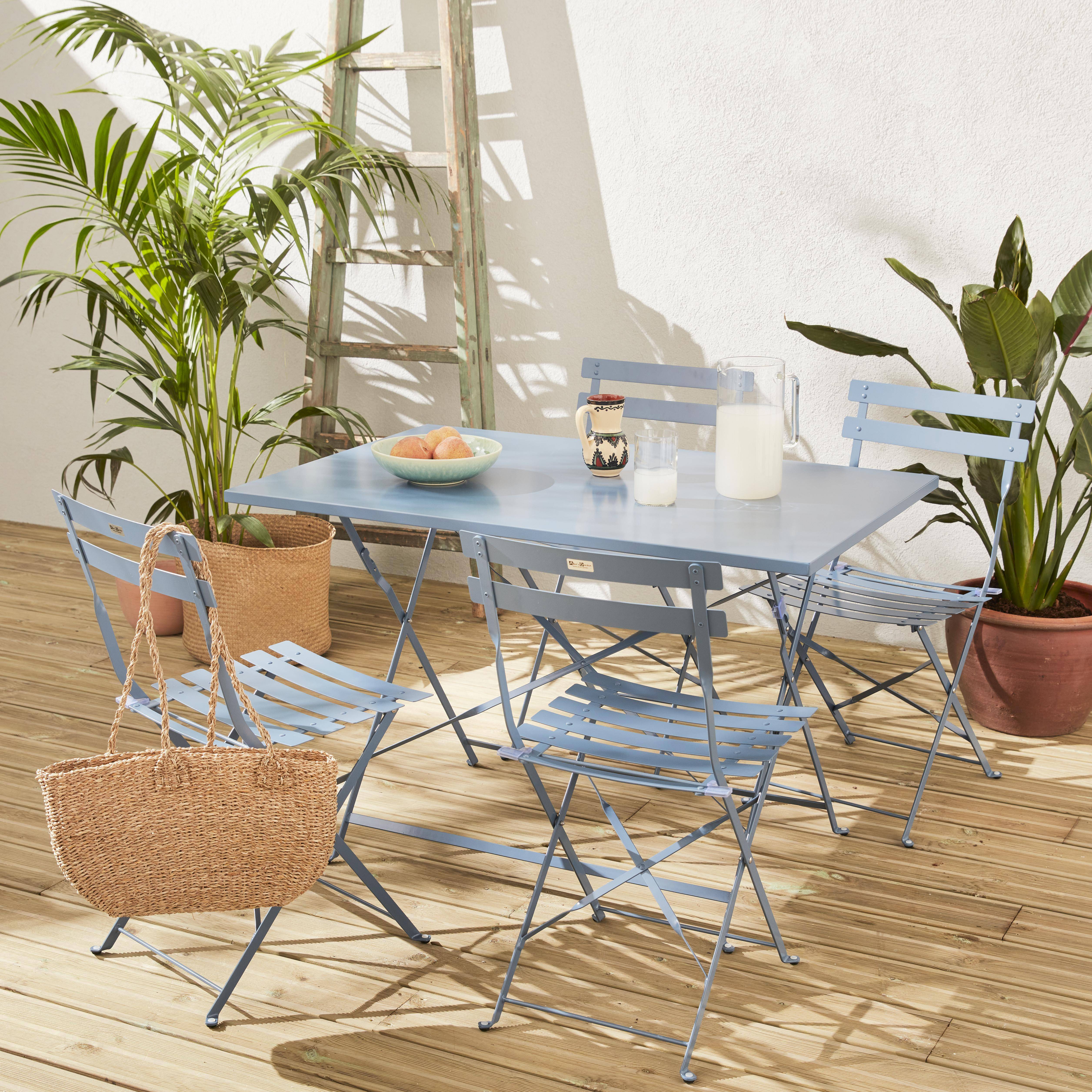 Salotto da giardino, bistrot, pieghevole - modello: Emilia, rettangolare, colore: Blu ombreggiato - Tavolo, dimensioni: 110x70cm, con quattro sedie pieghevoli, acciaio termolaccato,sweeek,Photo1