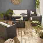 Gartengarnitur aus Kunststoffrattan schokoladenfarben - Perugia - ecrufarbene Kissen - 4 Plätze - 1 Sofa, 2 Sessel, ein Couchtisch Photo1