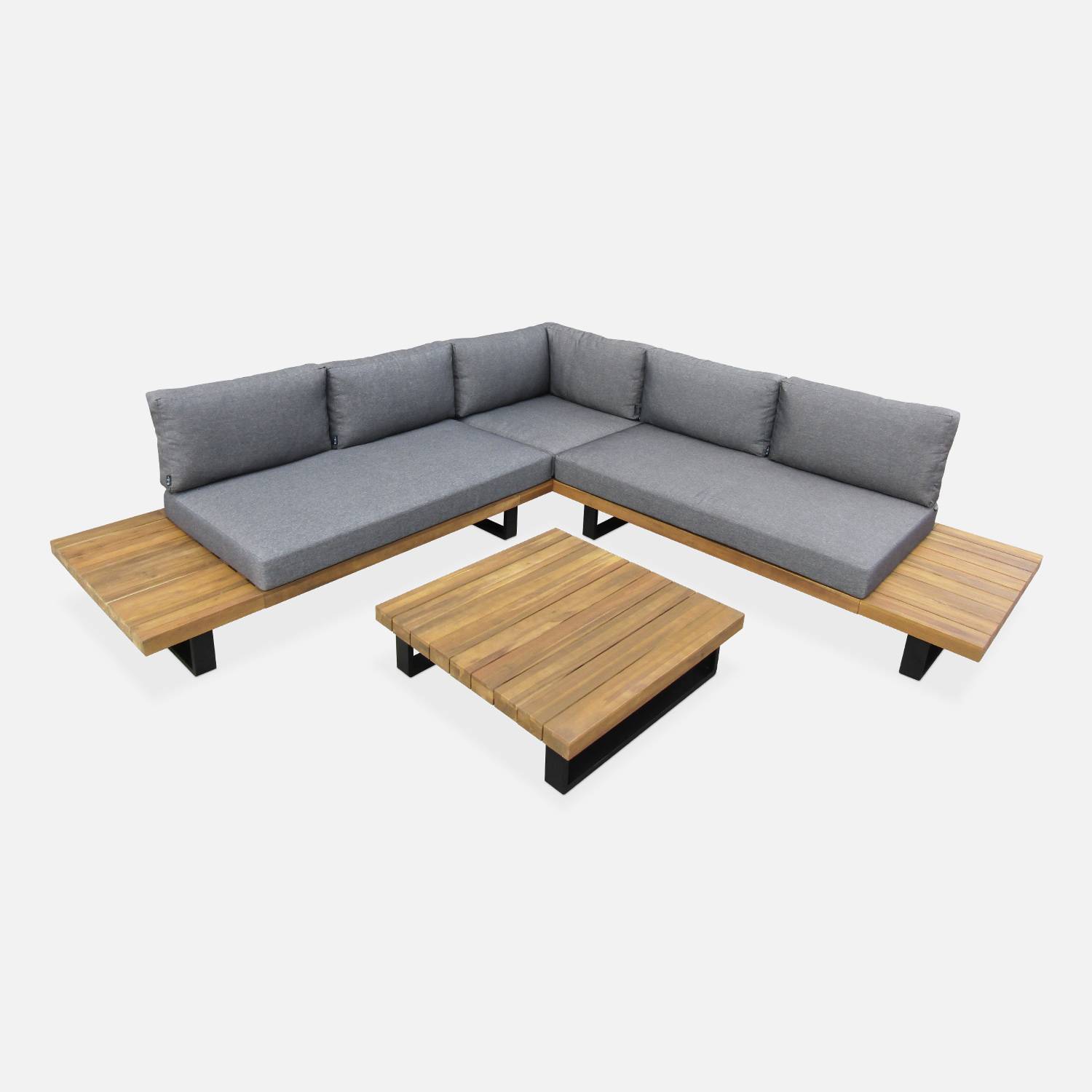 Salon de jardin en bois et aluminium 5 places, coussins gris  | sweeek