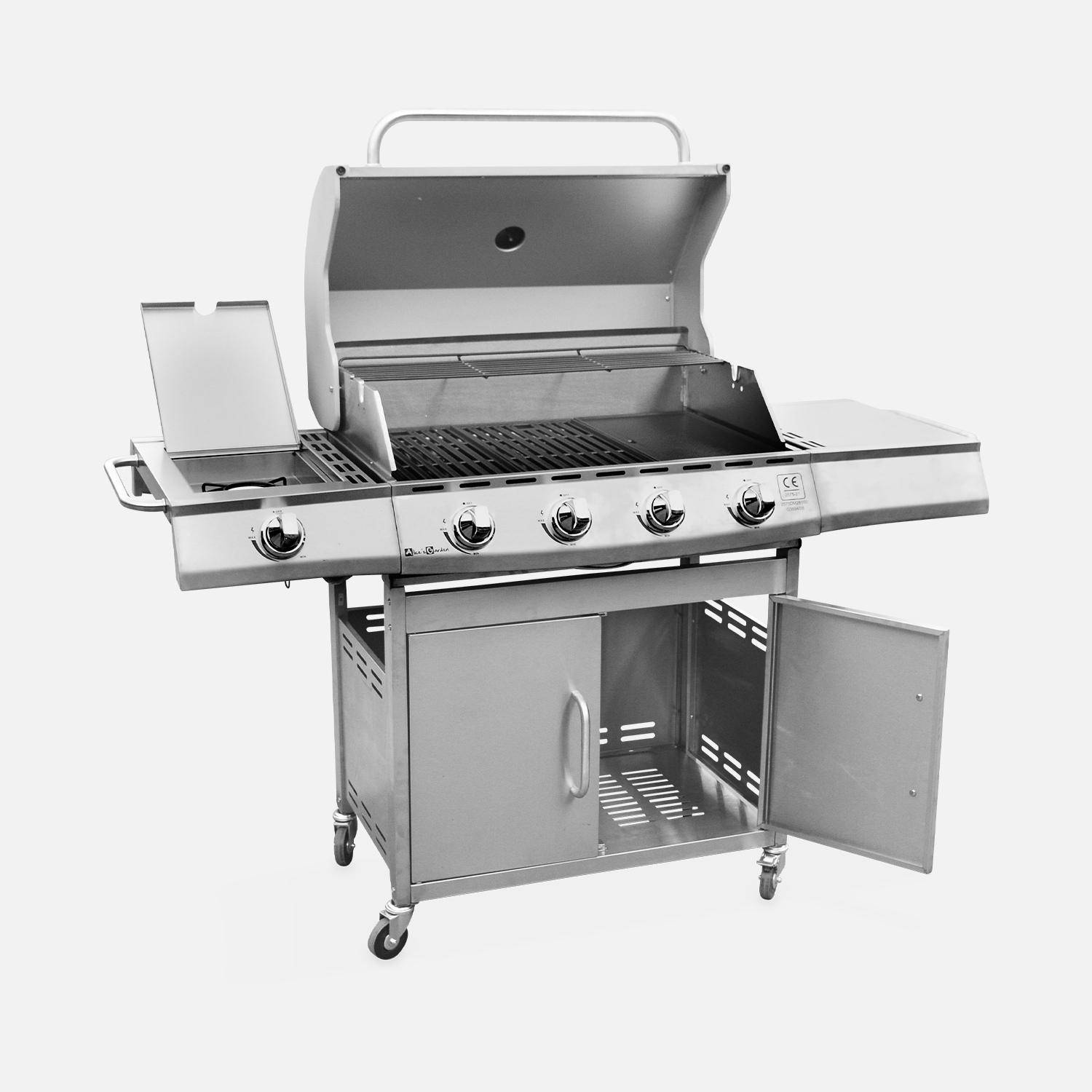 Barbecue gaz inox 17kW - Richelieu Inox - Barbecue 5 brûleurs dont 1 feu latéral, côté grill et côté plancha Photo4