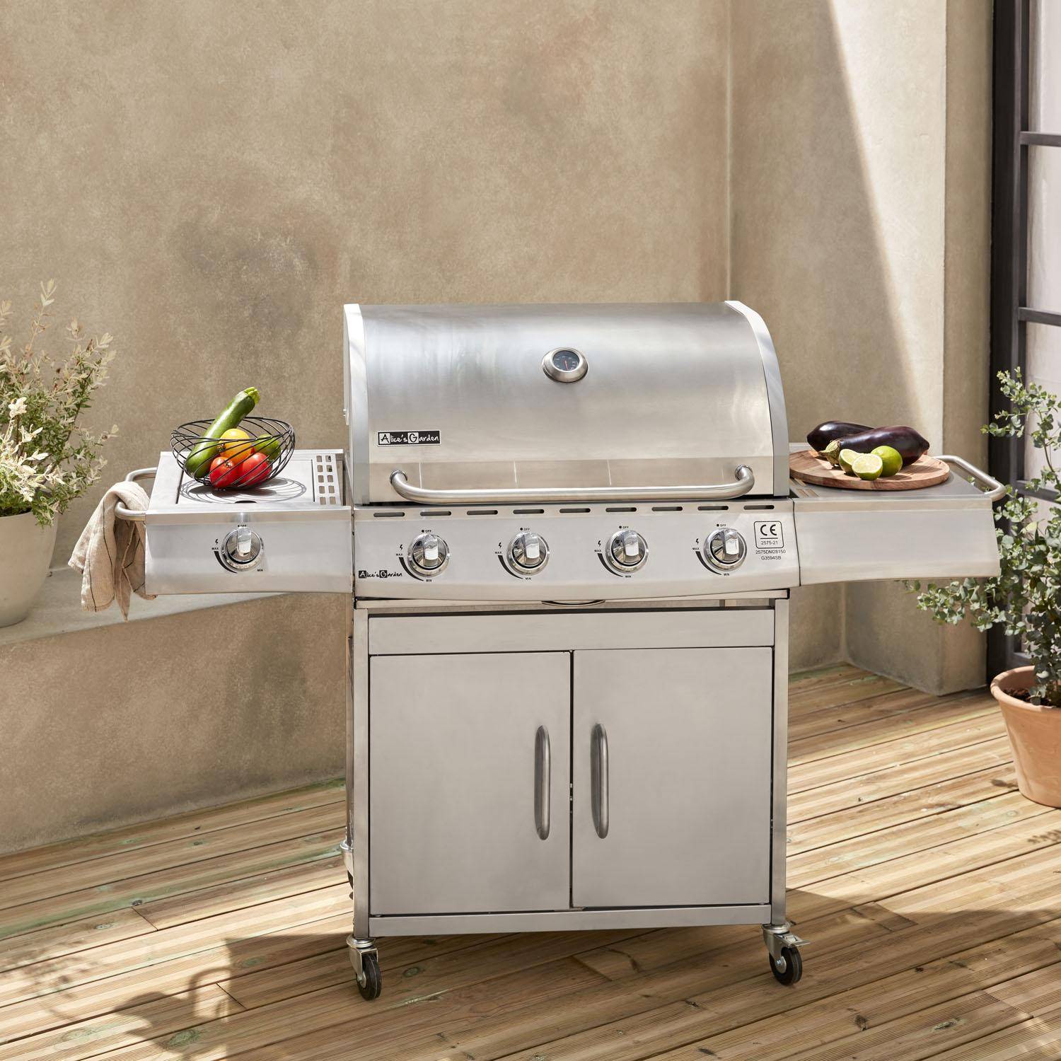 Barbecue gaz inox 17kW - Richelieu Inox - Barbecue 5 brûleurs dont 1 feu latéral, côté grill et côté plancha Photo2
