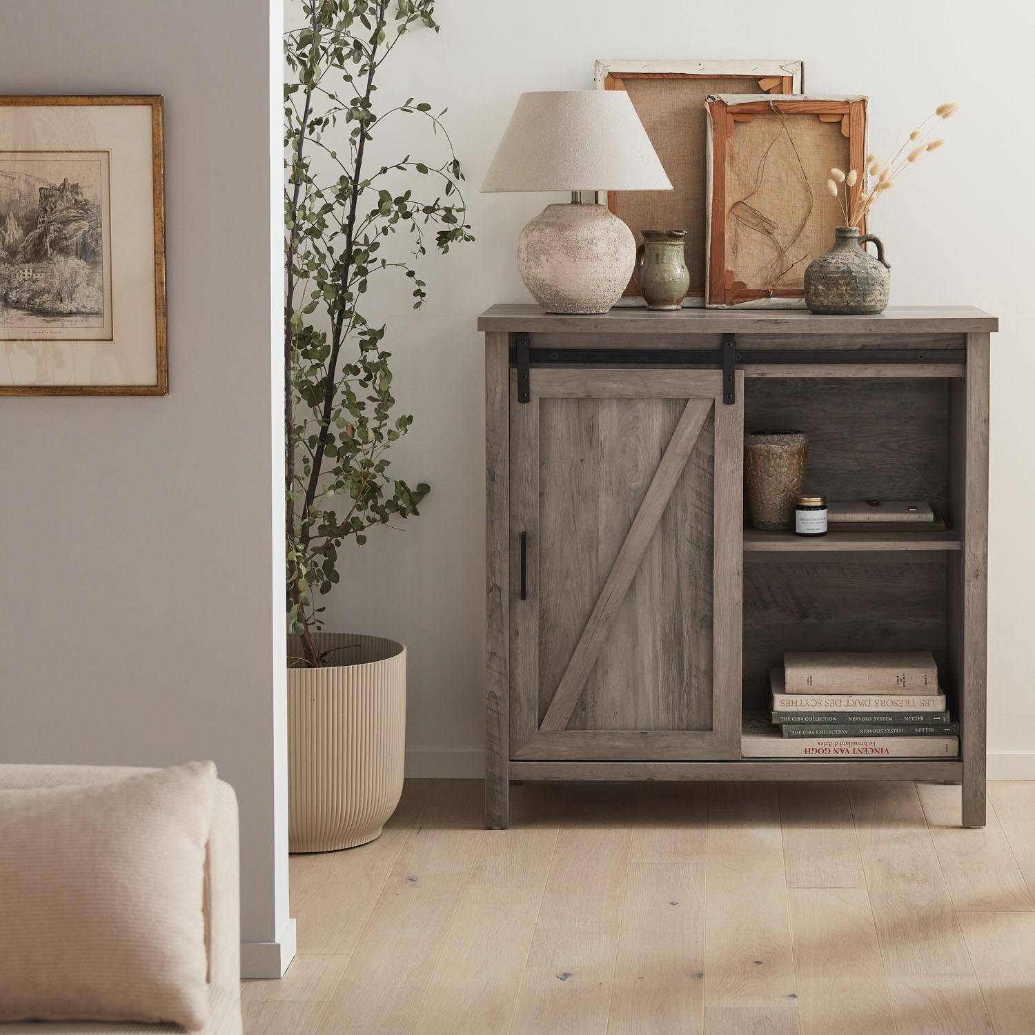 Aparador decoración madera gris 90x39x90cm - Galant - 2 estantes, 4 compartimentos de almacenaje,sweeek,Photo1
