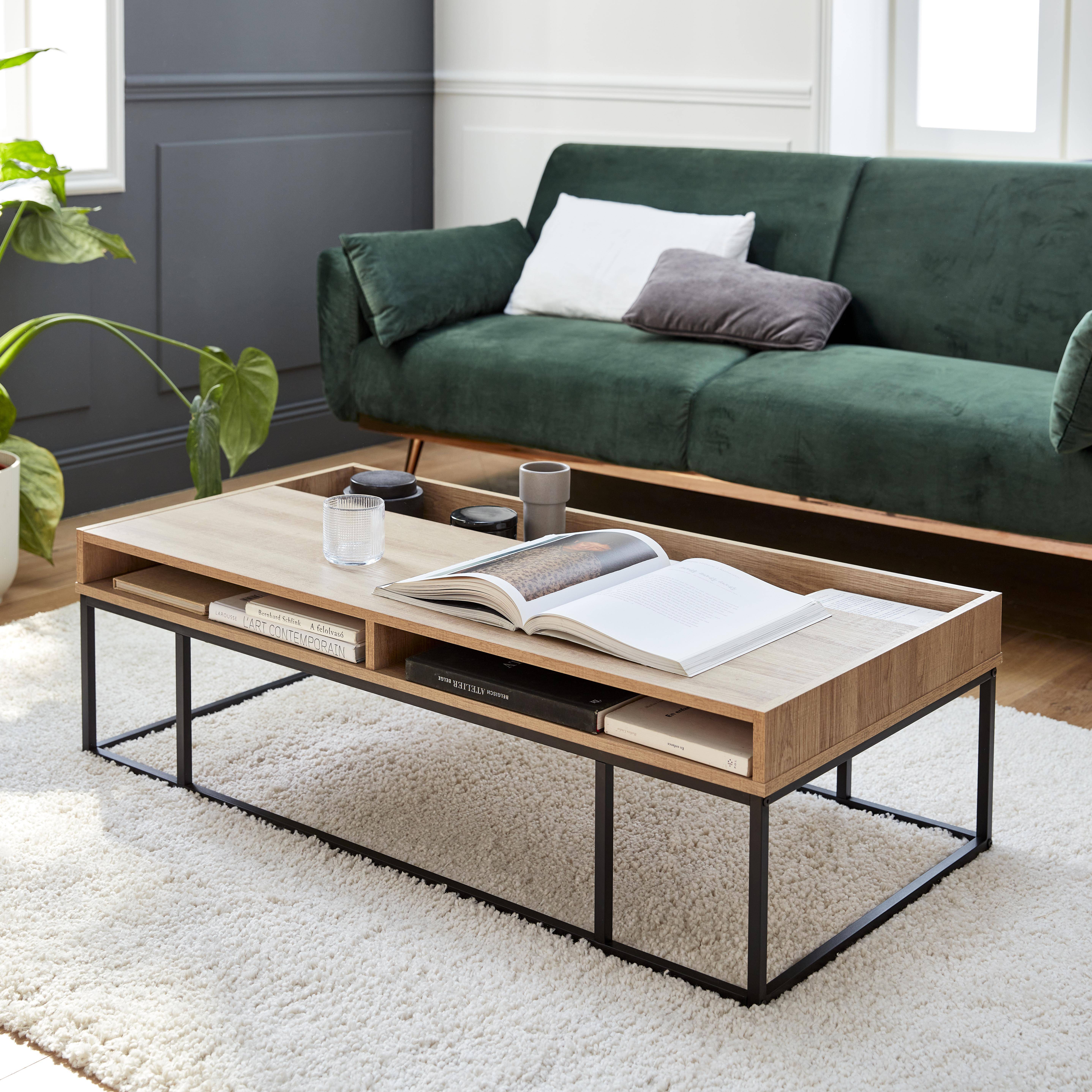 Metal and wood-effect coffee table, 120x59x34.5cm, Magnus, Black,sweeek,Photo1