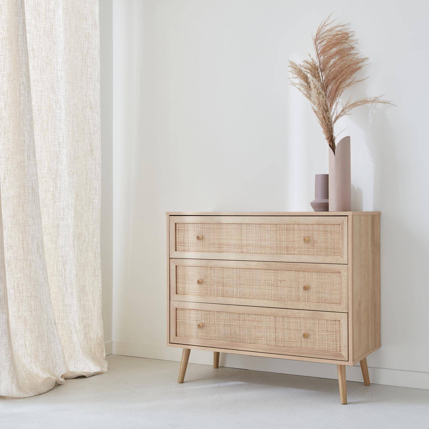 Wood and cane rattan detail 3-drawer chest, 90x39x79cm - Boheme - Natural Wood colour,sweeek,Photo1