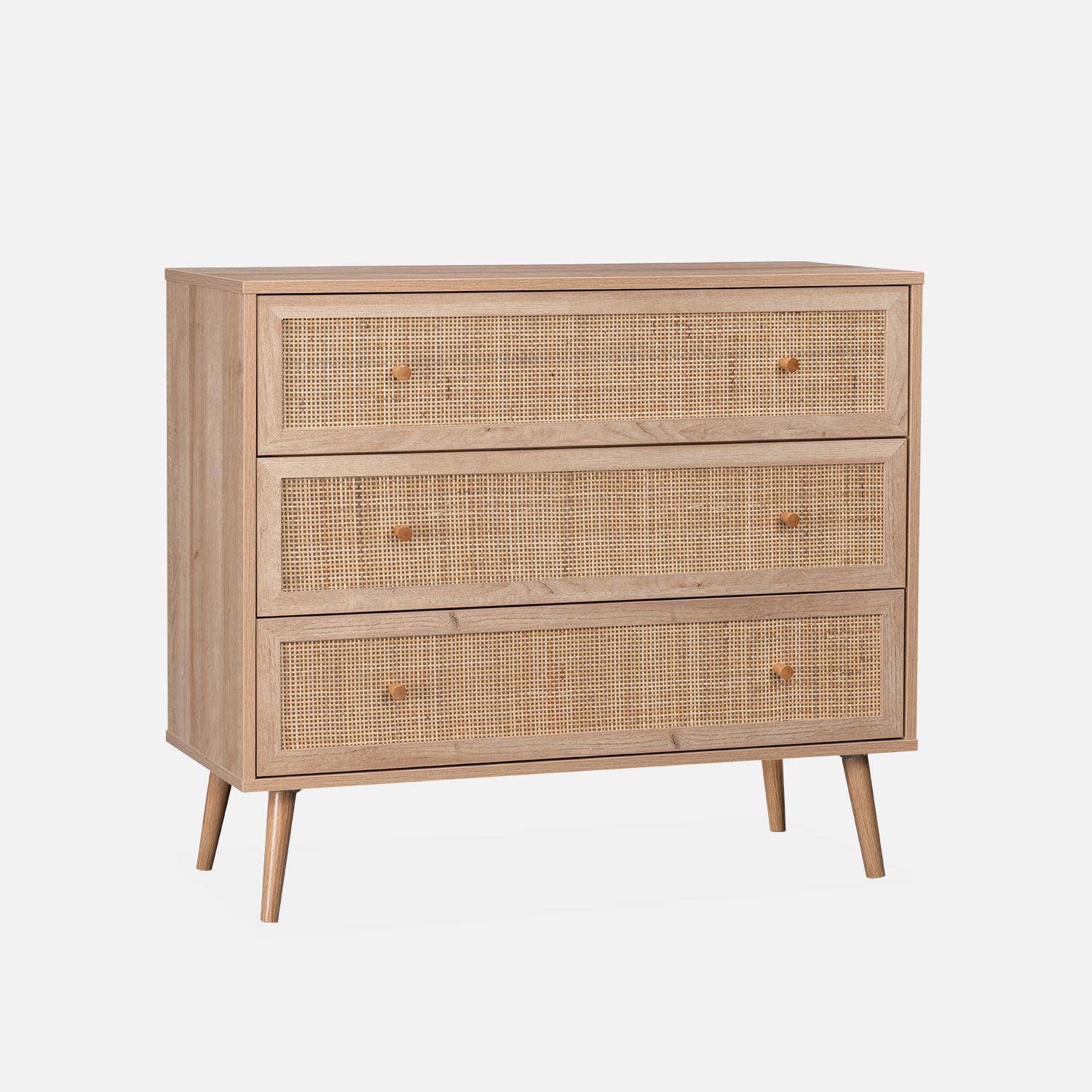 Wood and cane rattan detail 3-drawer chest, 90x39x79cm - Boheme - Natural Wood colour Photo2