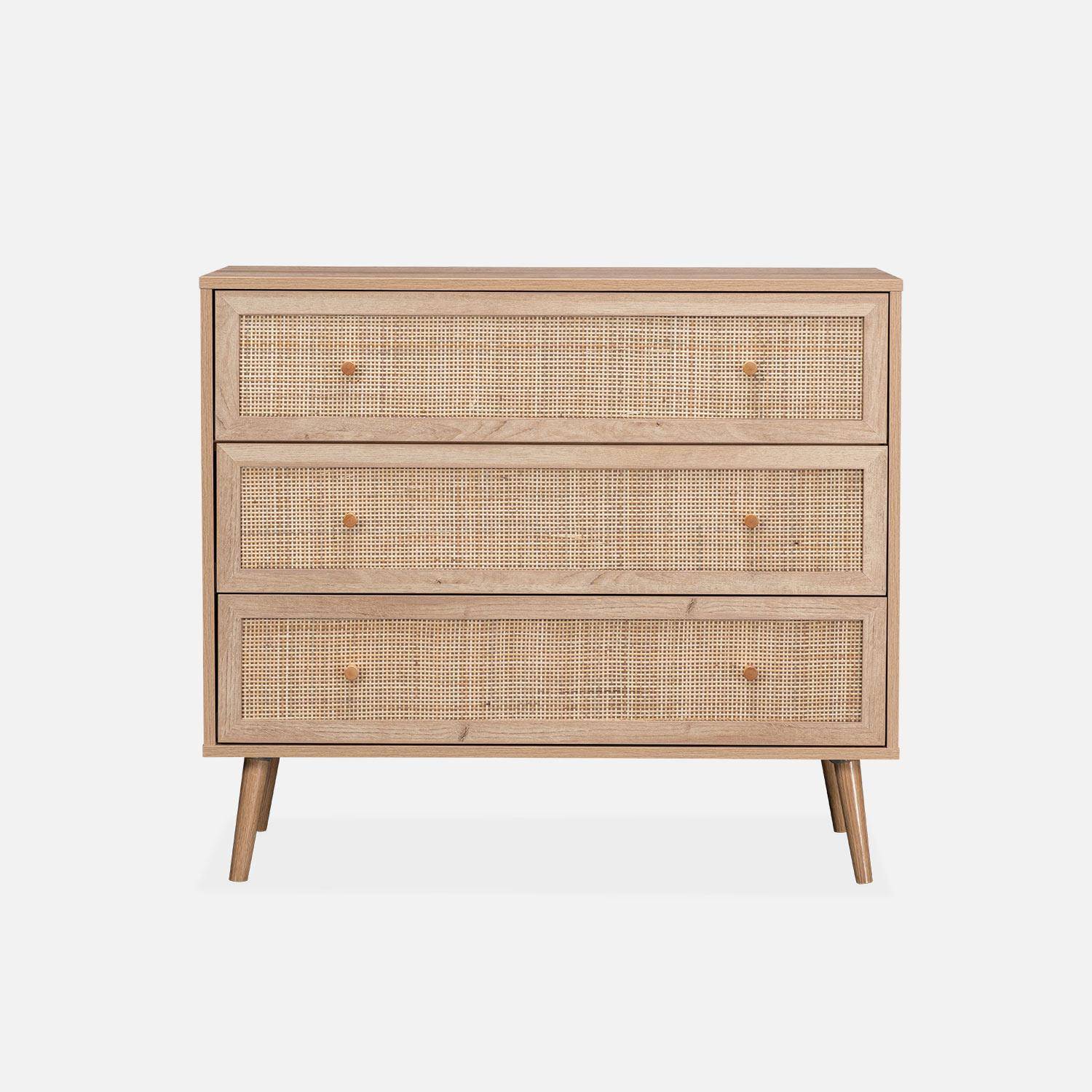 Wood and cane rattan detail 3-drawer chest, 90x39x79cm - Boheme - Natural Wood colour Photo3
