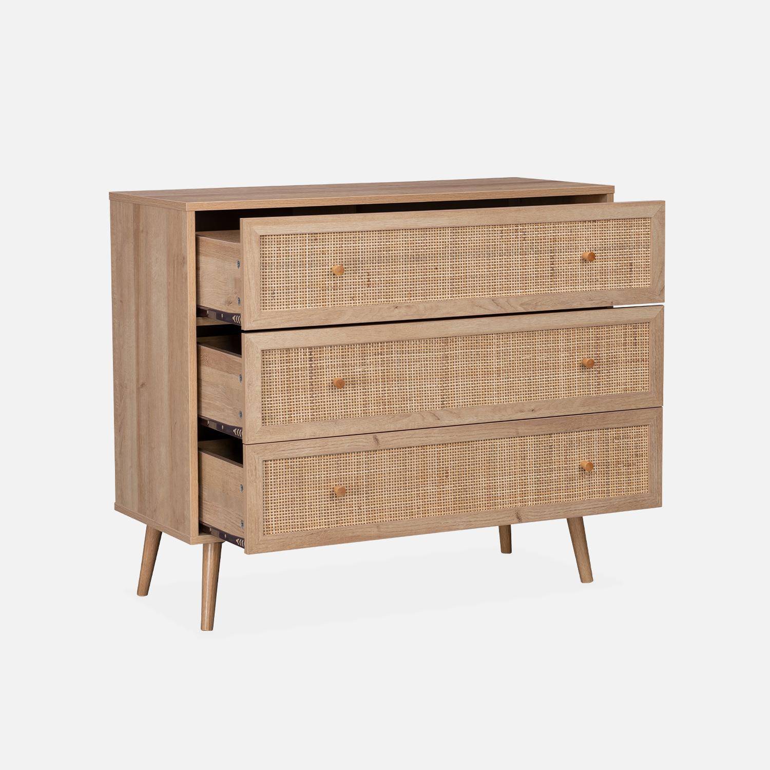 Wood and cane rattan detail 3-drawer chest, 90x39x79cm - Boheme - Natural Wood colour Photo4