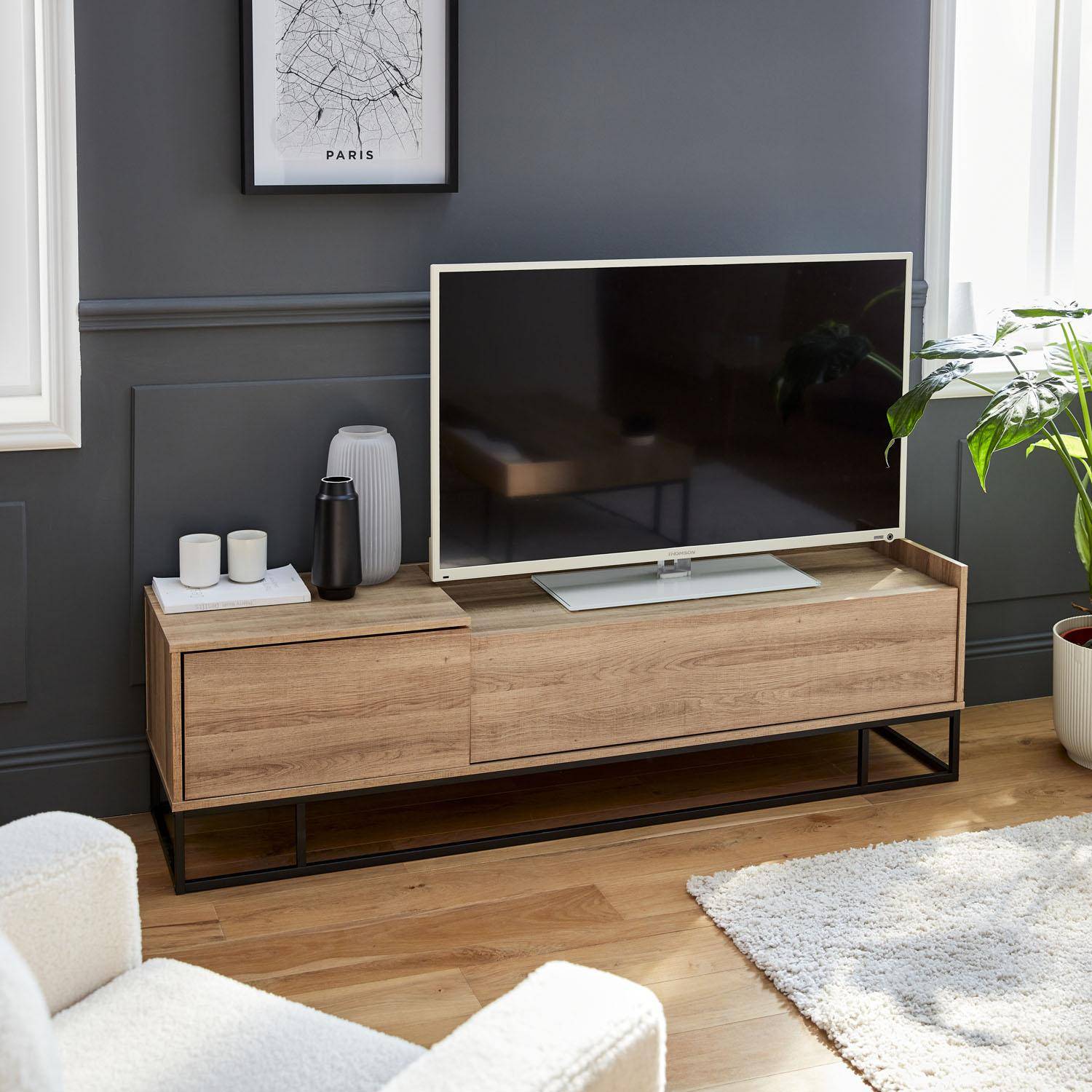 TV meubel met houtlook en metaal 160x39x45cm, 1 lade, 2 compartimenten,sweeek,Photo1
