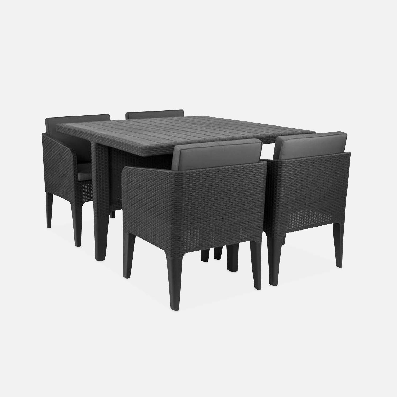 Tuinset van kunsthars, imitatierotan. 4 stoelen, vierkante tafel, inclusief kussens, grafiet met grijze kussens Photo1