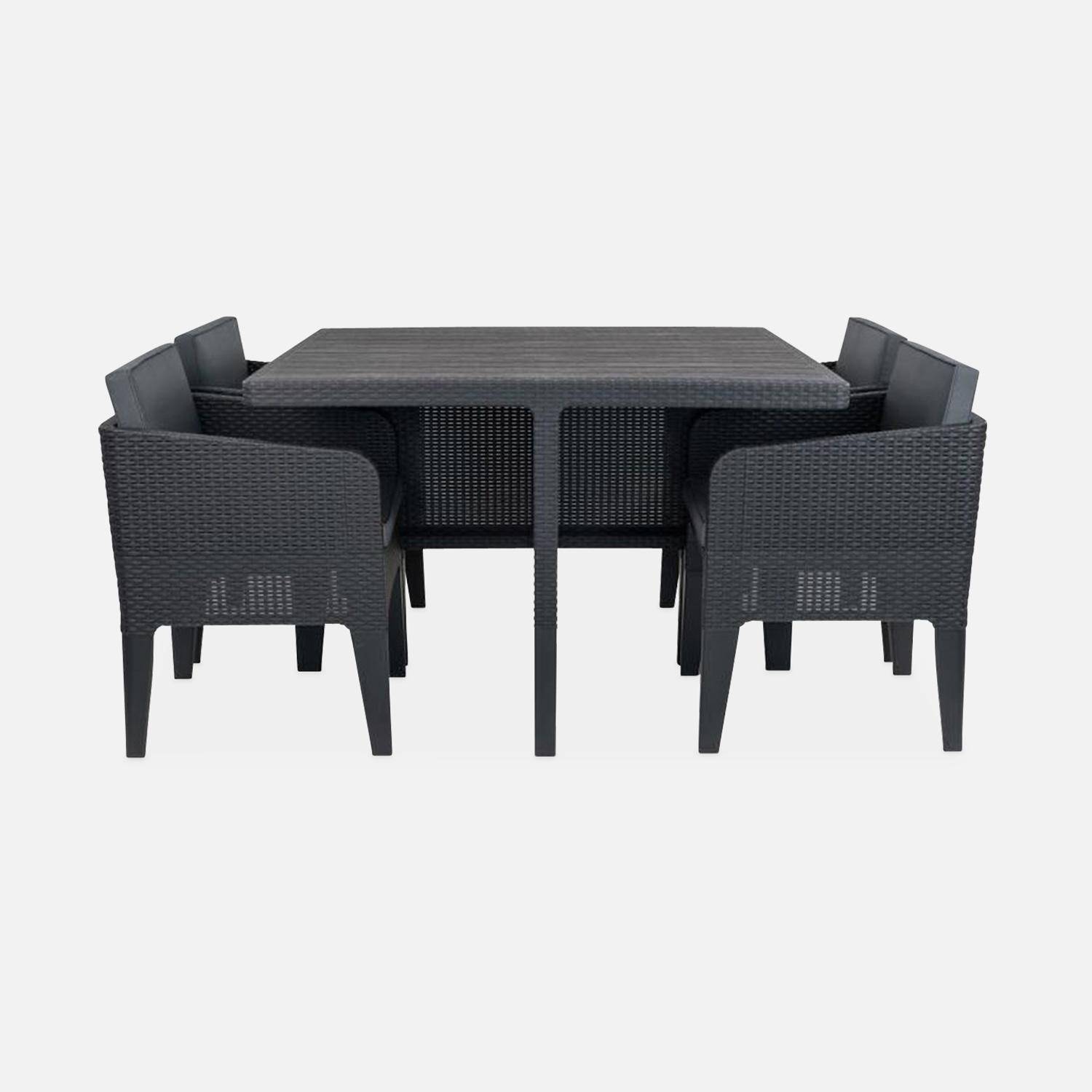 Tuinset van kunsthars, imitatierotan. 4 stoelen, vierkante tafel, inclusief kussens, grafiet met grijze kussens,sweeek,Photo3