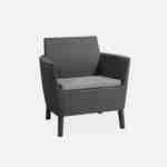  Conjunto de muebles de jardín de resina plástica inyectada imitando el ratán - Salemo 4 - Grafito, cojines grises - 4 asientos, un sofá, dos sillones, una mesa de centro Photo3
