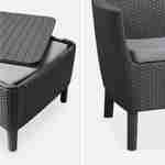  Conjunto de muebles de jardín de resina plástica inyectada imitando el ratán - Salemo 4 - Grafito, cojines grises - 4 asientos, un sofá, dos sillones, una mesa de centro Photo4