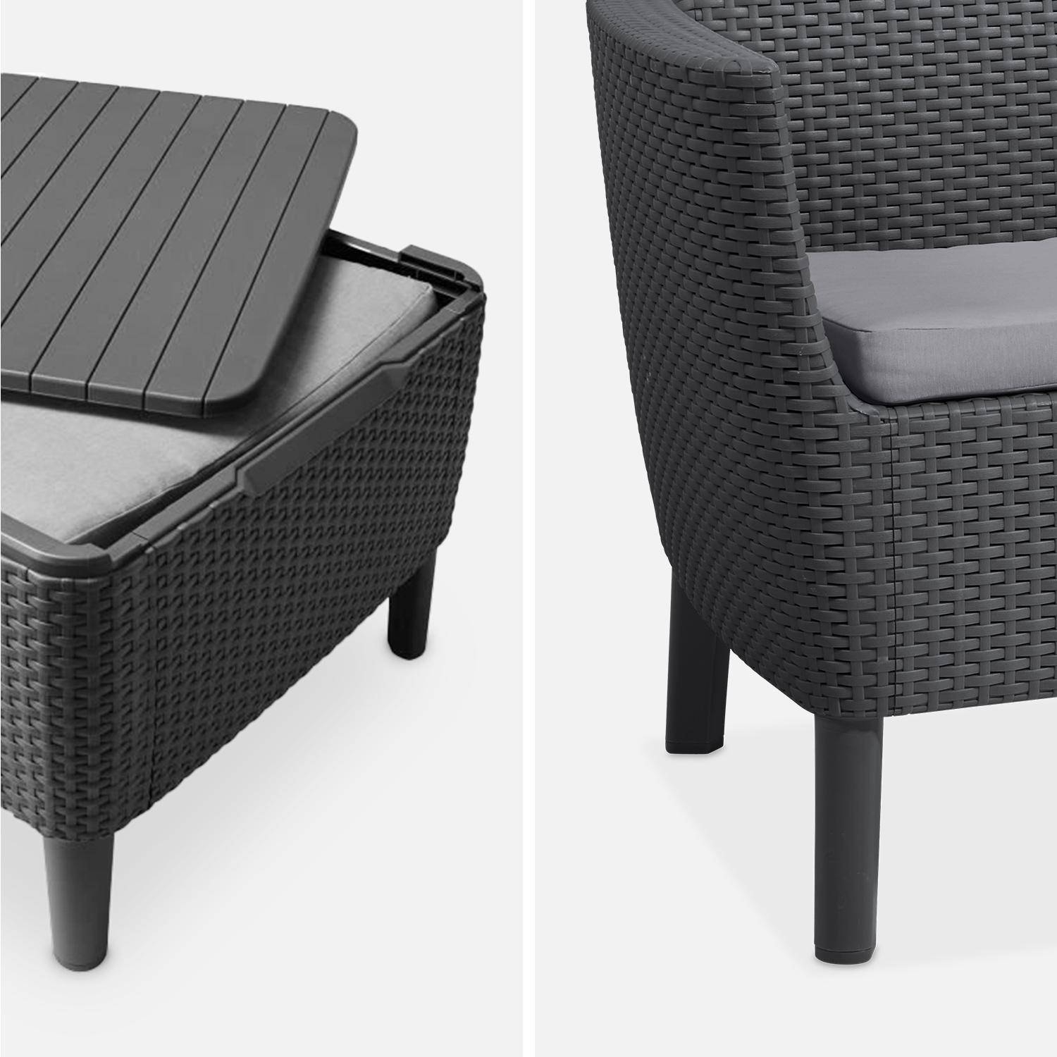  Conjunto de muebles de jardín de resina plástica inyectada imitando el ratán - Salemo 4 - Grafito, cojines grises - 4 asientos, un sofá, dos sillones, una mesa de centro Photo4