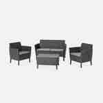  Conjunto de muebles de jardín de resina plástica inyectada imitando el ratán - Salemo 4 - Grafito, cojines grises - 4 asientos, un sofá, dos sillones, una mesa de centro Photo2