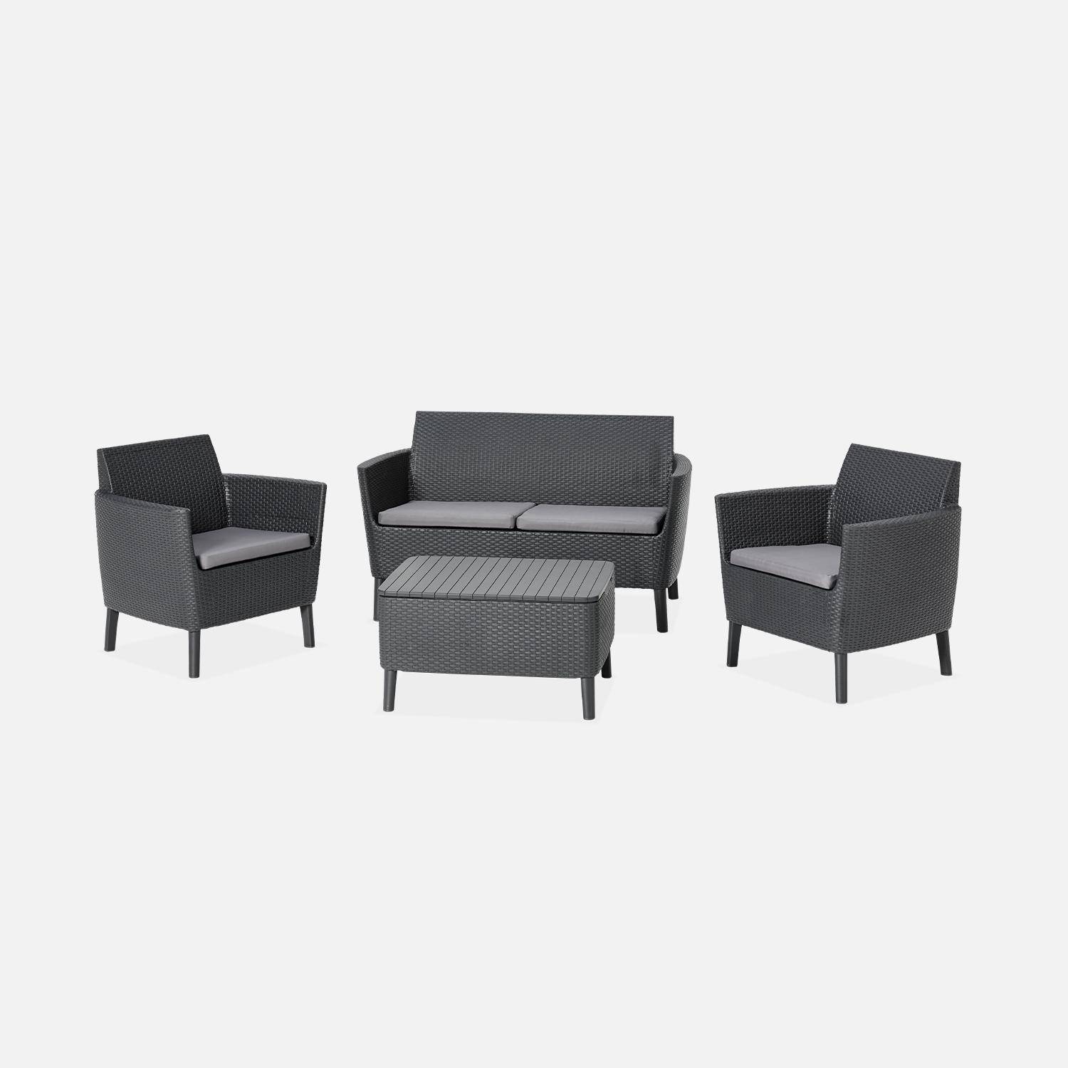  Conjunto de muebles de jardín de resina plástica inyectada imitando el ratán - Salemo 4 - Grafito, cojines grises - 4 asientos, un sofá, dos sillones, una mesa de centro Photo2