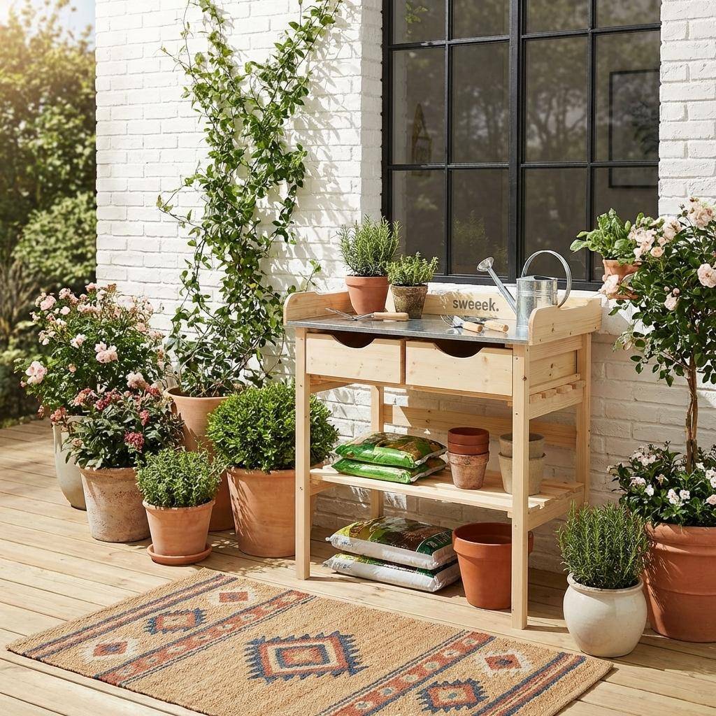 Mesa de jardín con 2 cajones, Petunia, Madera, 80x45x86 cm Photo1