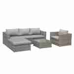Ready assembled 5-seater polyrattan corner garden sofa set - sofa, armchair, coffee table - Romini - Grey rattan, Grey cushions Photo1